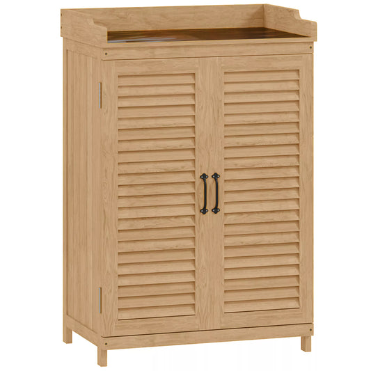 Sodo spintelė iš medžio, įrankių sandėliukas su darbo paviršiumi, atspari oro sąlygoms įrankių spintelė, 65,5x40x98,5 cm, geltona