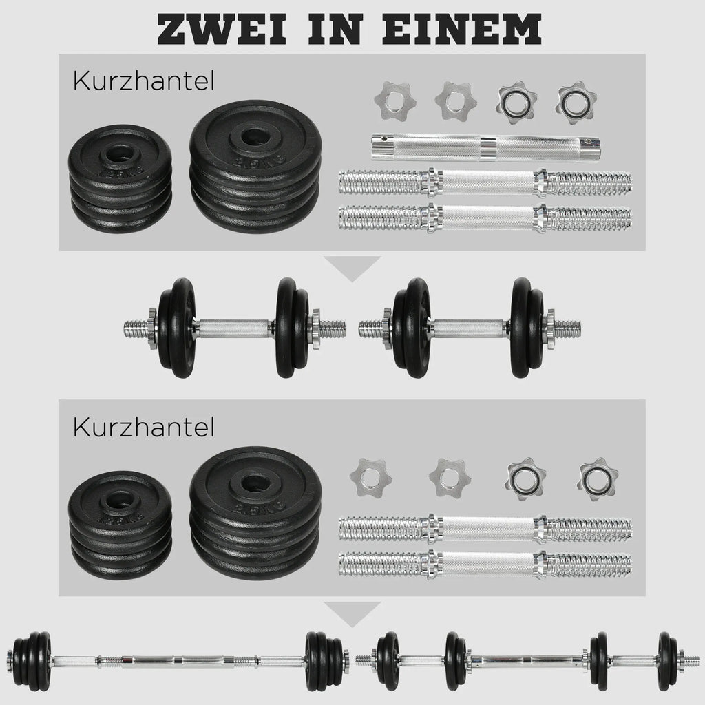 Hanteliai, ilgieji hanteliai, 2-in-1, 20 kg, 8 hantelių diskai, nerūdijantys, geležiniai, juodi, 95 x 16 x 16 cm