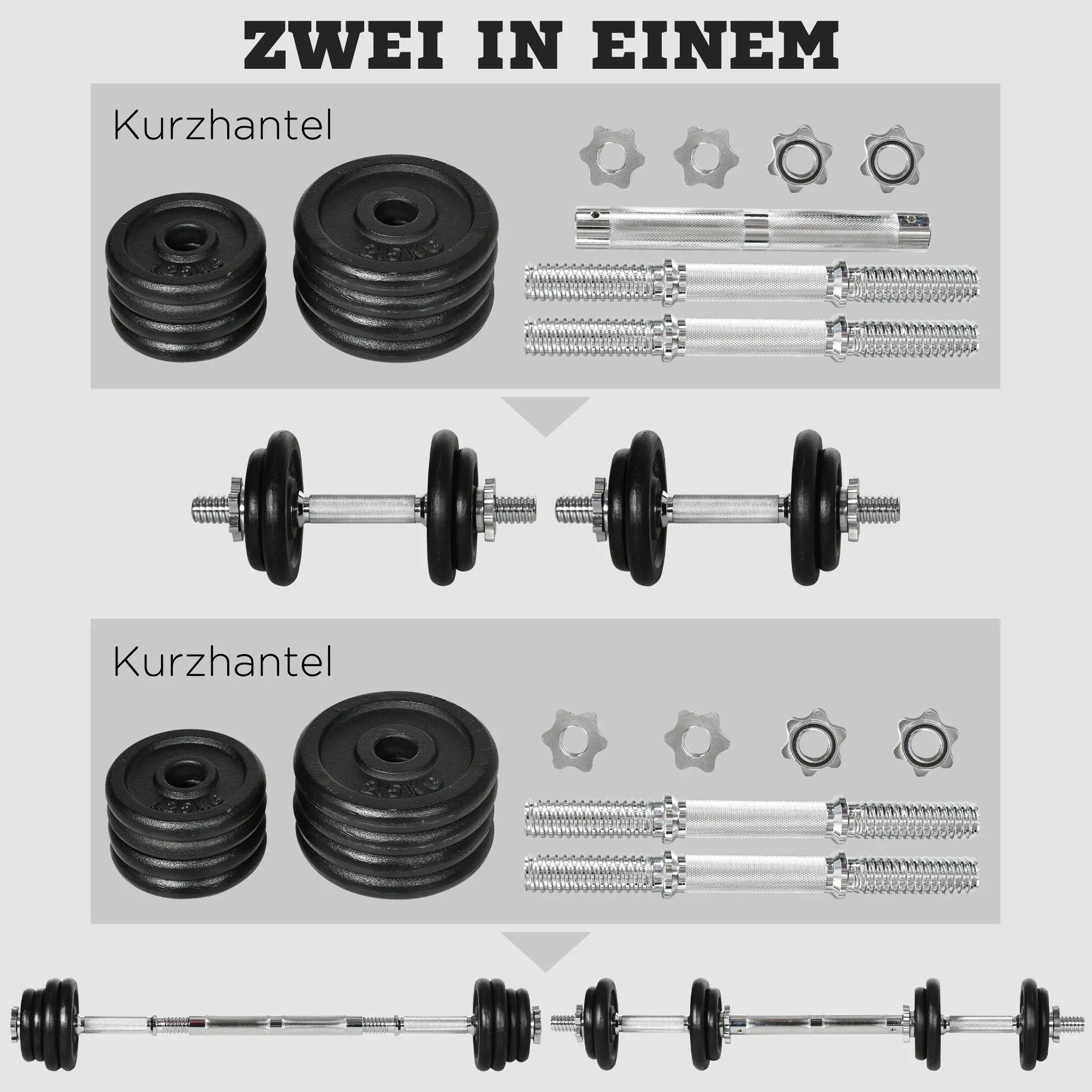 Hanteliai, ilgieji hanteliai, 2-in-1, 20 kg, 8 hantelių diskai, nerūdijantys, geležiniai, juodi, 95 x 16 x 16 cm