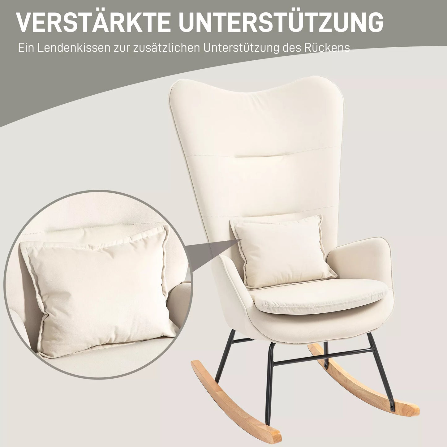 Supama kėdė, minkštas aksomo išvaizdos apmušalas, su juosmens pagalvėle, atlaiko iki 120 kg, 67 x 85 x 112 cm, kreminės baltos spalvos