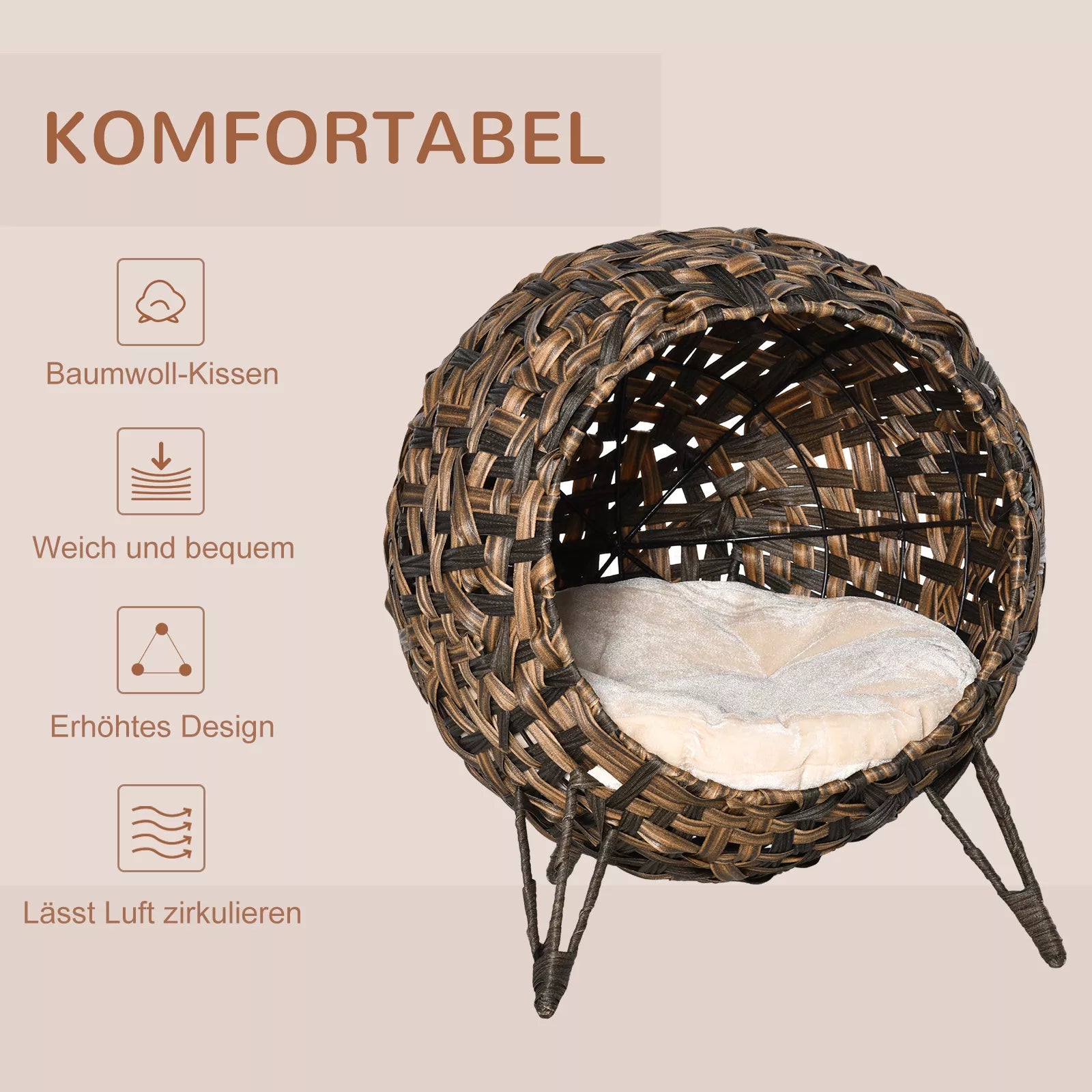 Katės namelis iš rotango su pagalvėlėmis Katės miego vieta Katės urvas su pakeltais kojelėmis Ruda Ø52 x 58 cm
