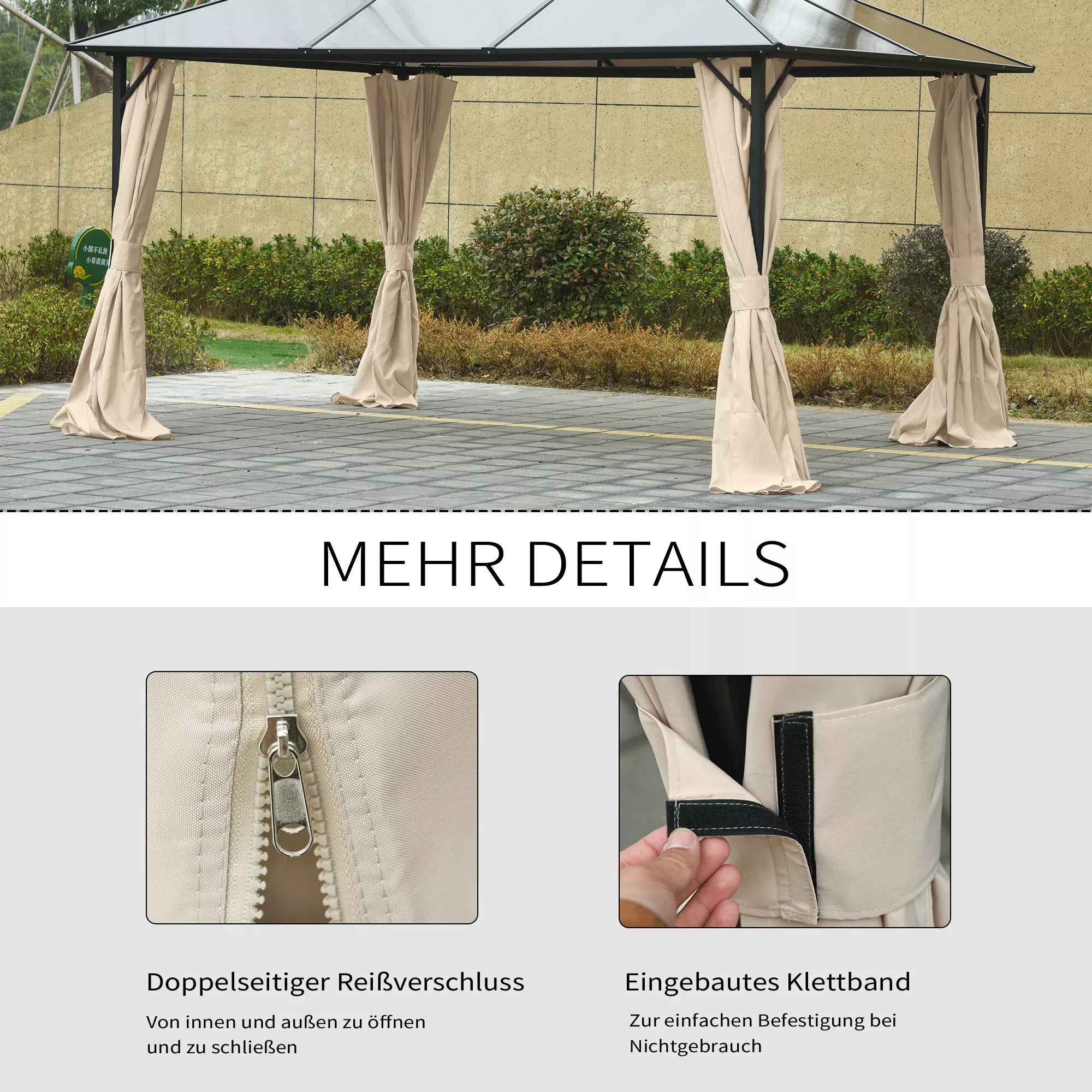 4 vnt. šoninių sienelių rinkinys 3x4 m paviljonui Šoninės dalys su kabliais 352 x 205 cm Neperšlampamos, tvirtos, atsparios žiemos sąlygoms Šoninės dalys Šoninės sienelės šventiniam palapinei Sodo paviljonui Smėlio spalvos