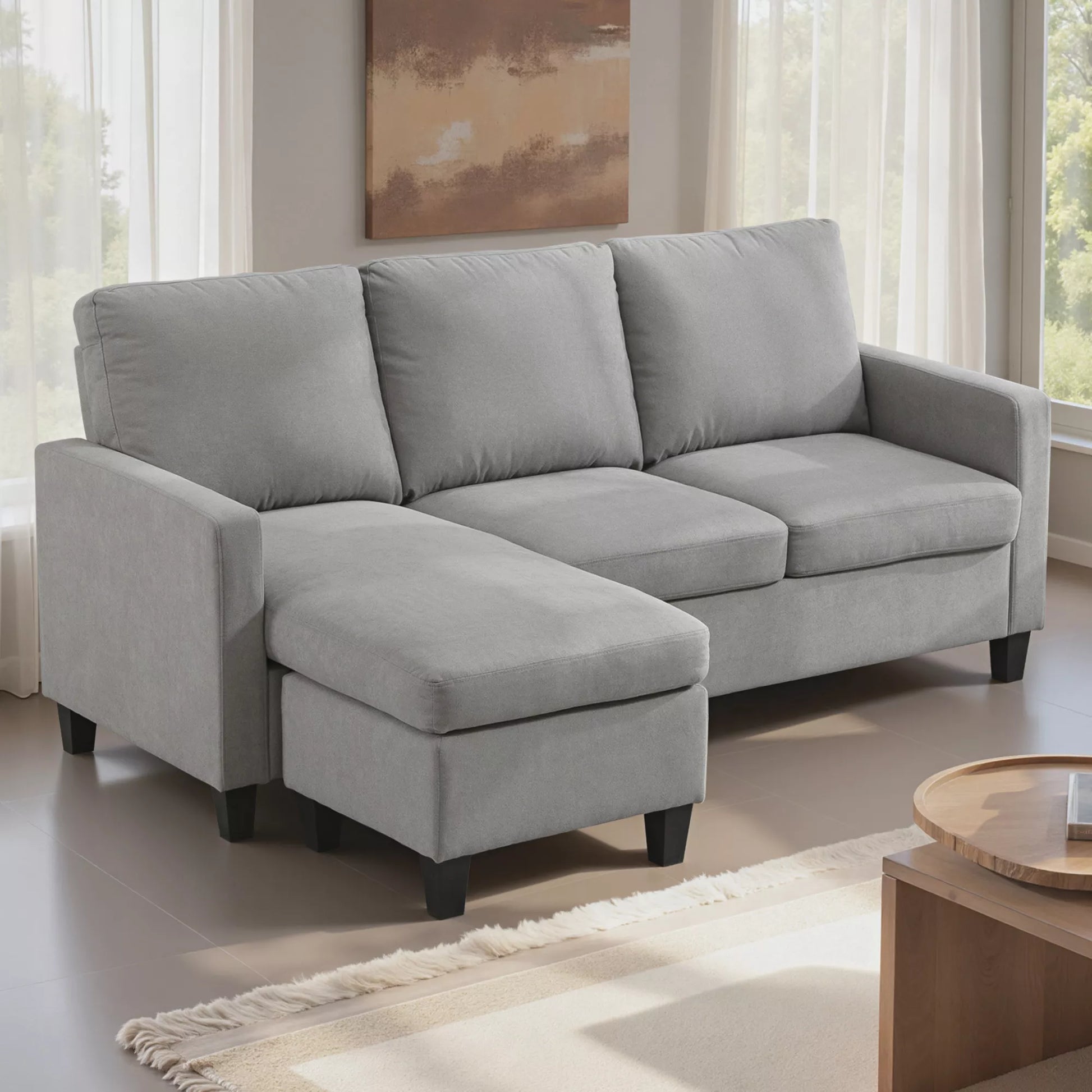 Kampinė sofa, 3 vietų sofa su patalynės dėže ir pagalvėlėmis, L formos kampas, audinio apmušalas, pilka