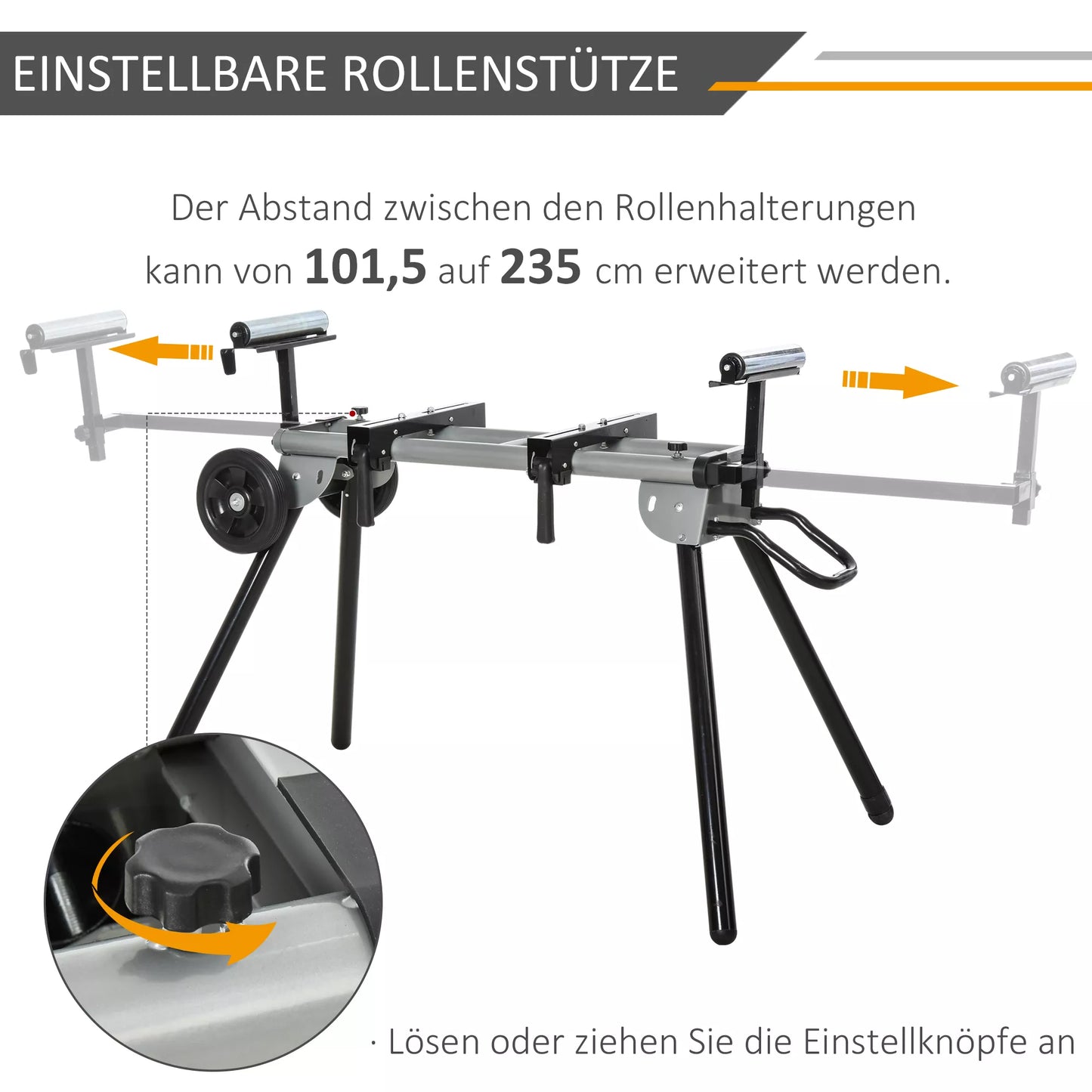 Stovas skersavimo pjūklams, darbastalis skersavimo ir kampinio pjovimo pjūklams, pjūklo stovas, plienas, juoda+sidabrinė, prailginimas šone 123,5–245 cm