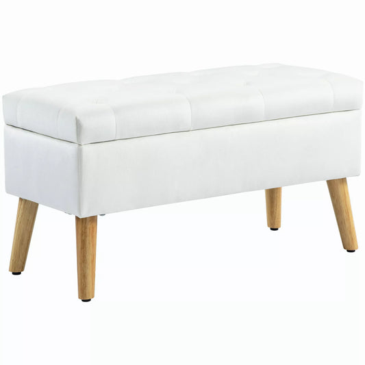 Puslys su daiktadėže, aksominio audinio apmušalas, medinės kojelės, skirta svetainei, miegamajam, koridoriui, 80 x 35 x 42 cm, balta