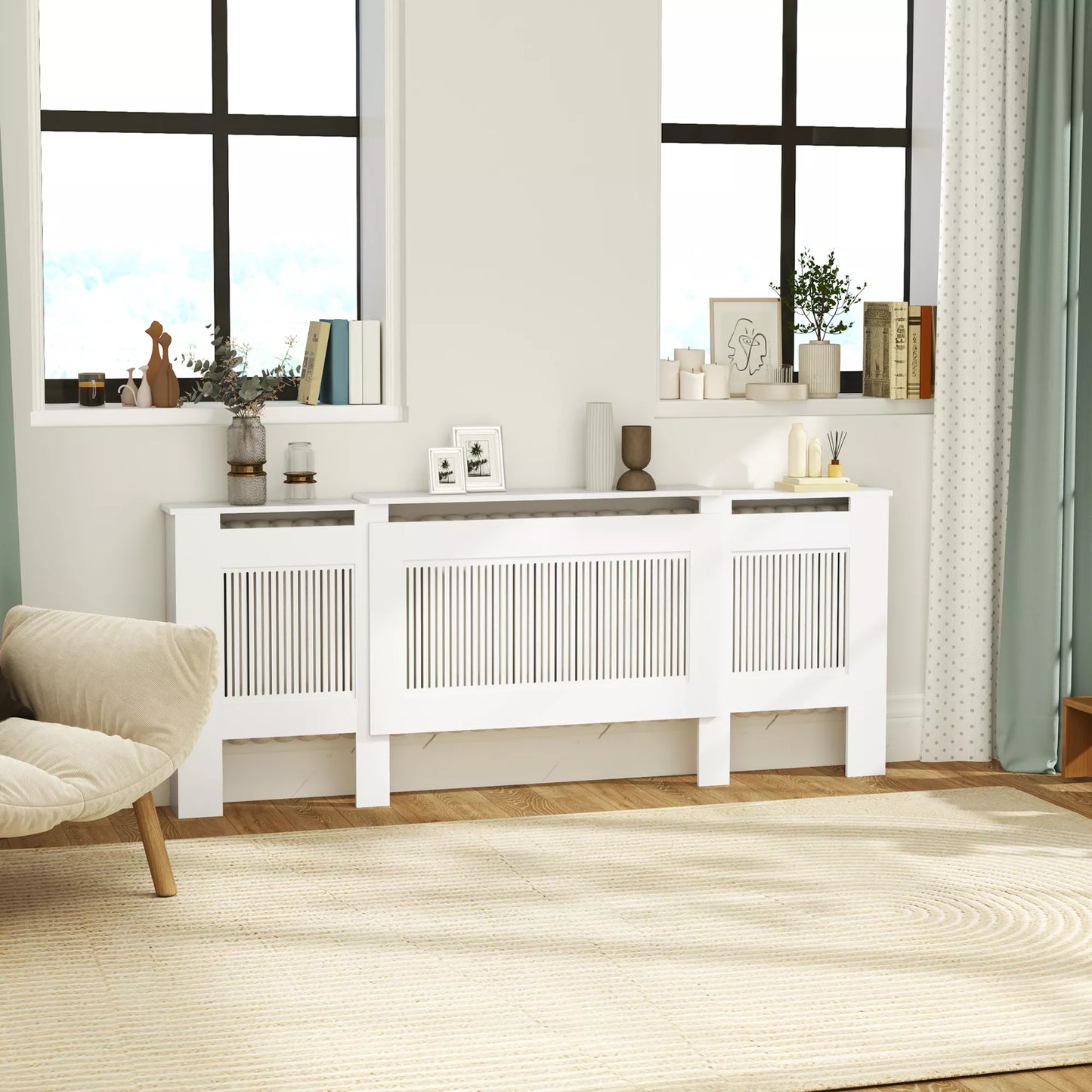 Radiatoriaus uždengimas, lamelių dizainas, reguliuojamas ilgis 125-201 cm, MDF, baltas
