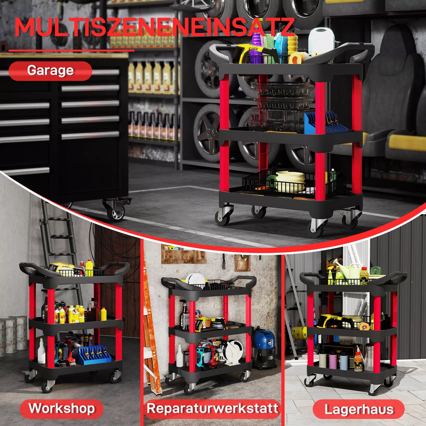 3 lentynų įrankių vežimėlis su šoninėmis rankenomis ir ratukais, plastikas, juodas