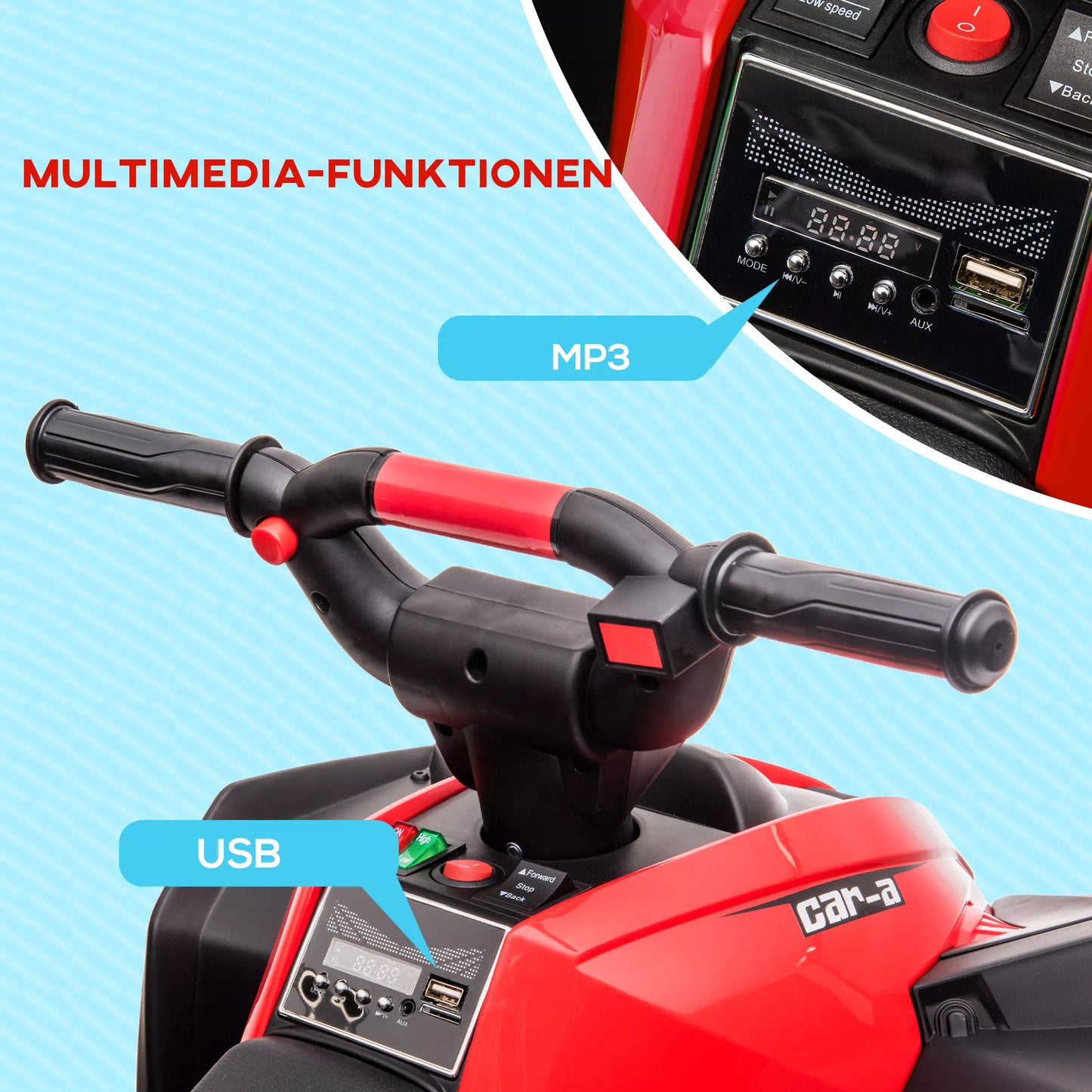 Elektrinis vaikiškas keturratis, LED priekiniai žibintai, MP3 grotuvas, amortizatoriai, ergonomiška sėdynė, Raudona+Juoda