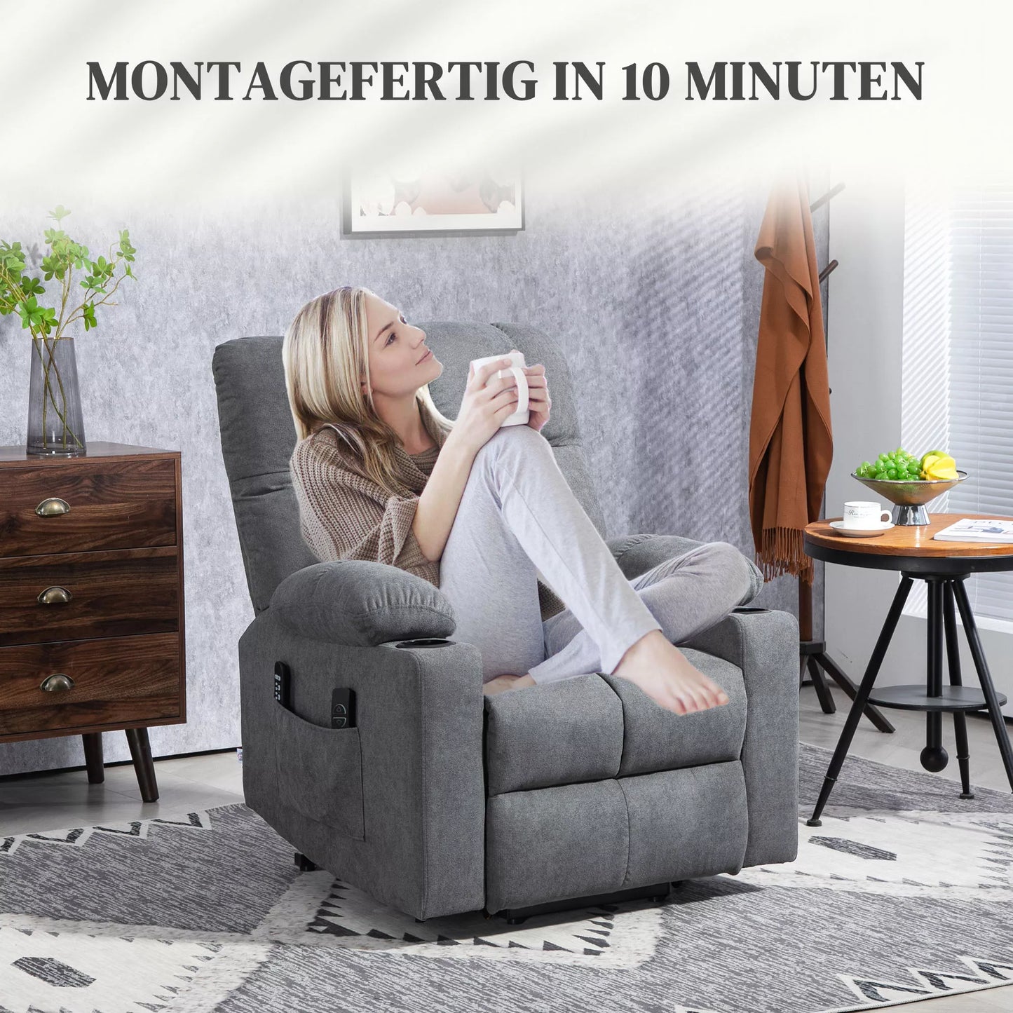 HOMCOM pagyvenusių žmonių fotelis su pagalba atsistojant, gulima padėtis, su pulteliu, 144 cm x 91 cm x 88 cm, pilkos spalvos