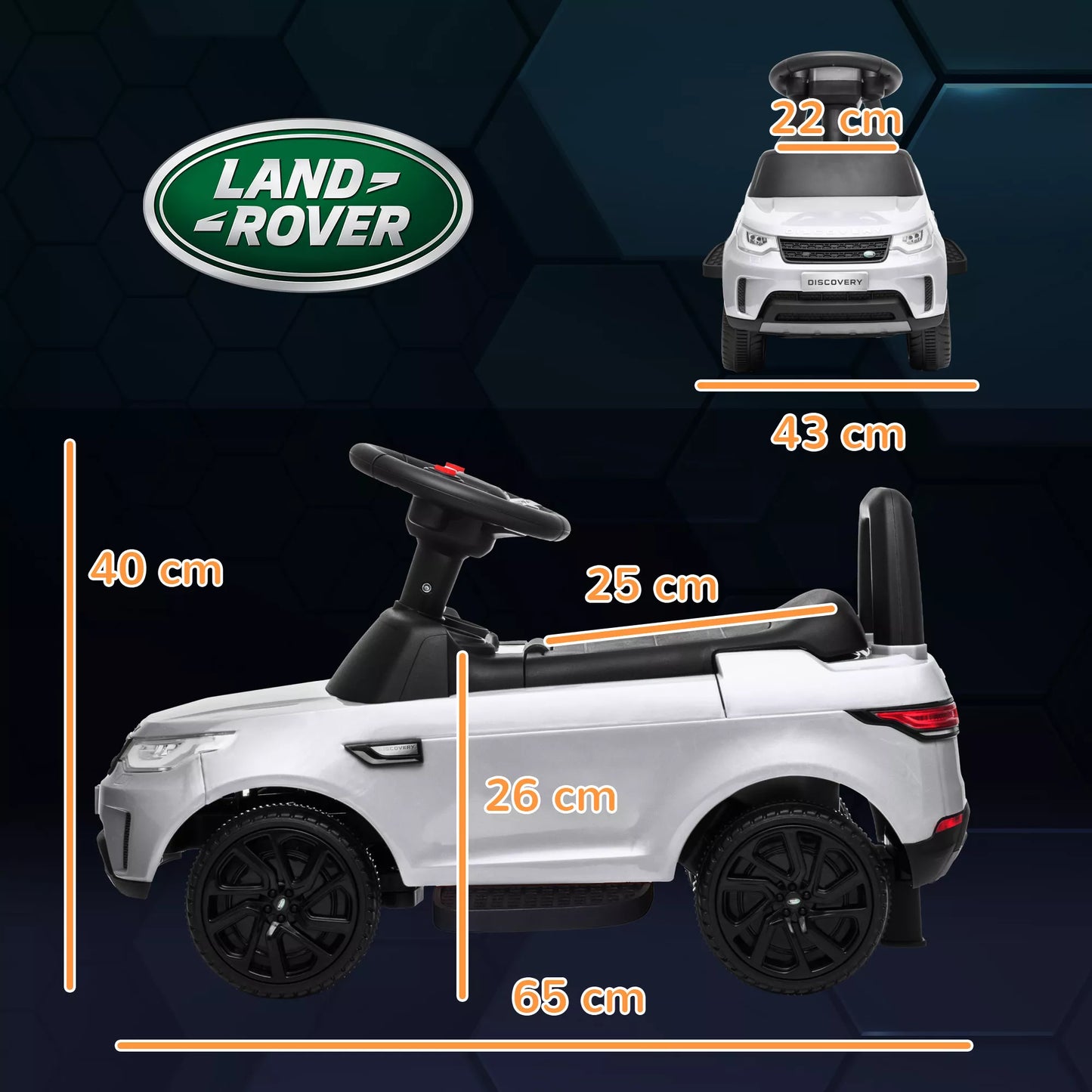 Elektrinis vaikiškas automobilis 6V, Land Rover, važiavimo/stumdomas režimas, priekiniai žibintai, muzika, baltas