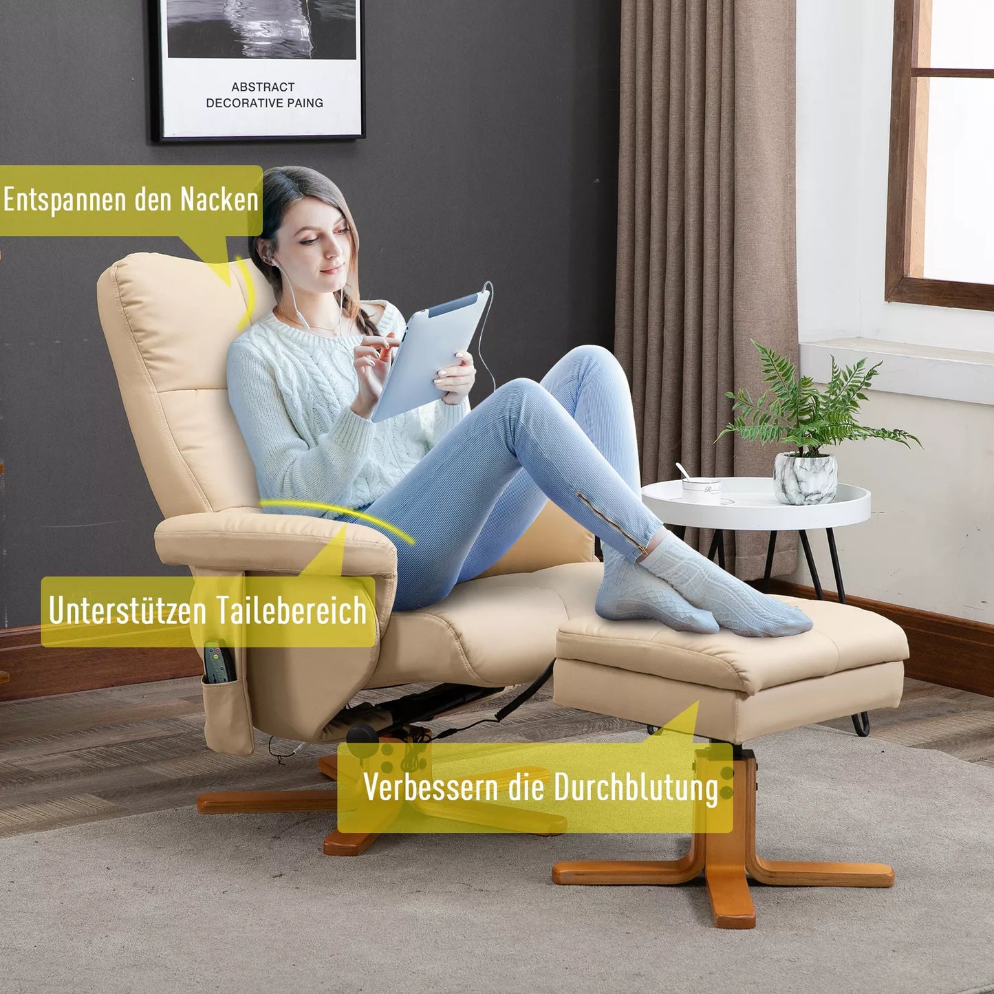 Atlošiamas masažinis fotelis su pakoja, daiktadėže, gulėjimo funkcija, TV fotelis su masažo funkcija, atlošiamas iki 145°, poliesteris, kreminės baltos spalvos, 80 x 86 x 99 cm