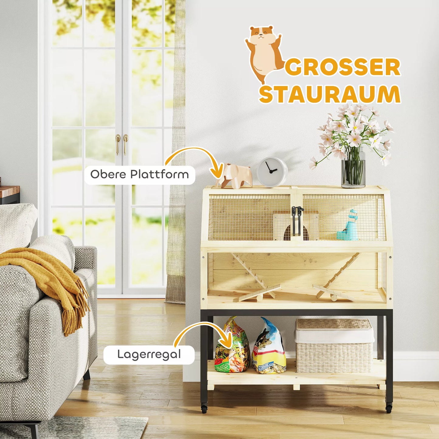 Medinis nykštukinių žiurkių narvelis su daiktų dėtuve, ratukais, rampos, vandens buteliuku, nameliu, sūpynėmis, 87 x 43 x 101 cm