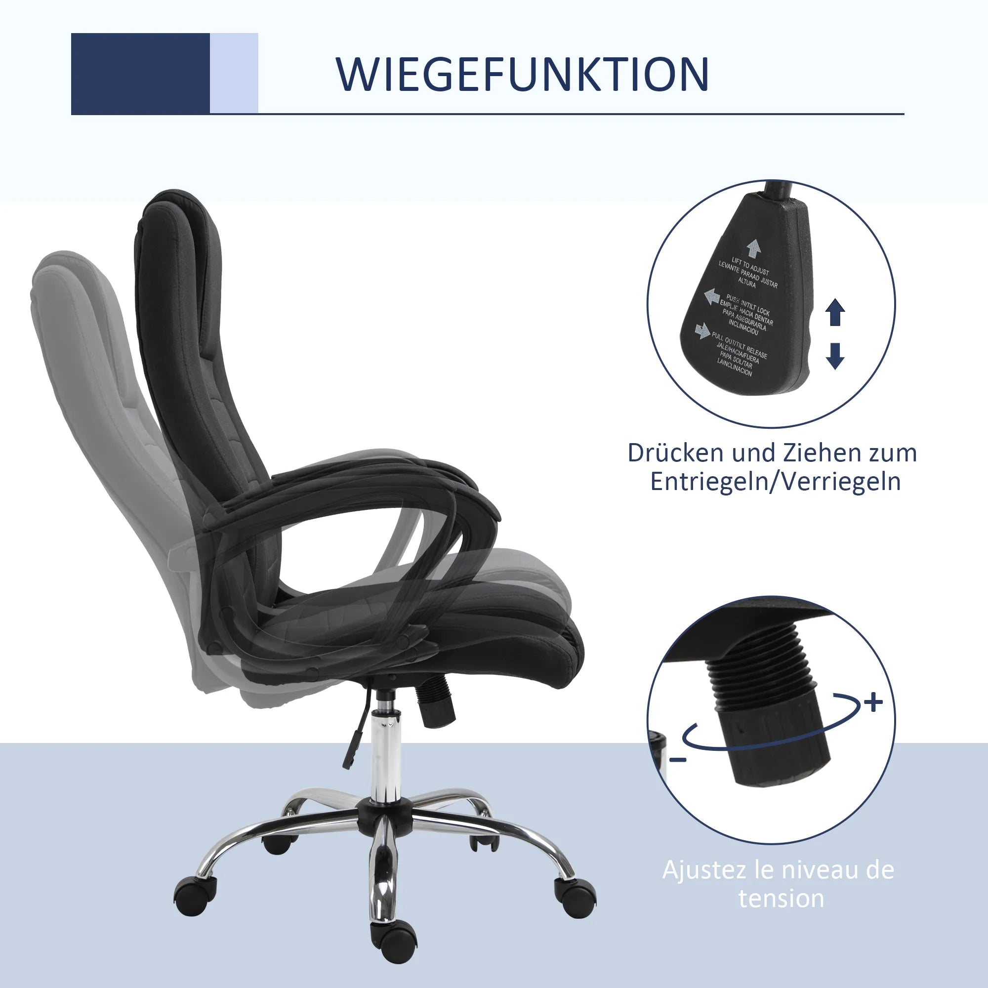 Biuro kėdė, kompiuterinė kėdė su svyravimo funkcija, galvos atrama, ergonomiška rašomojo stalo kėdė, sukiojama, reguliuojamo aukščio, „Linen-Touch“ juodos spalvos, 62 x 76 x 110–119 cm