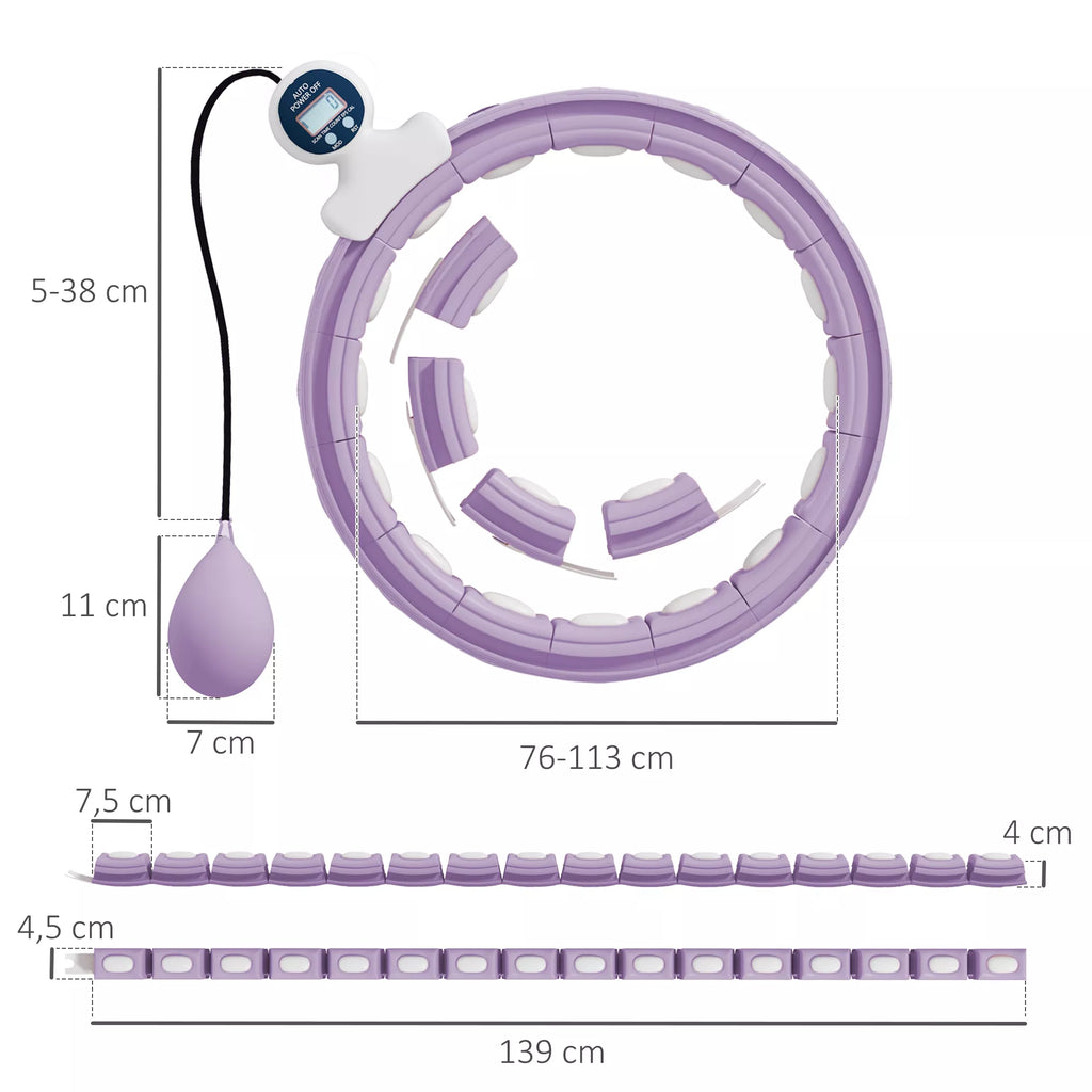 Išmanusis hula hoop lankas suaugusiems su svorio kamuoliukų skaitikliu, 16 mazgų (76–113 cm), violetinis