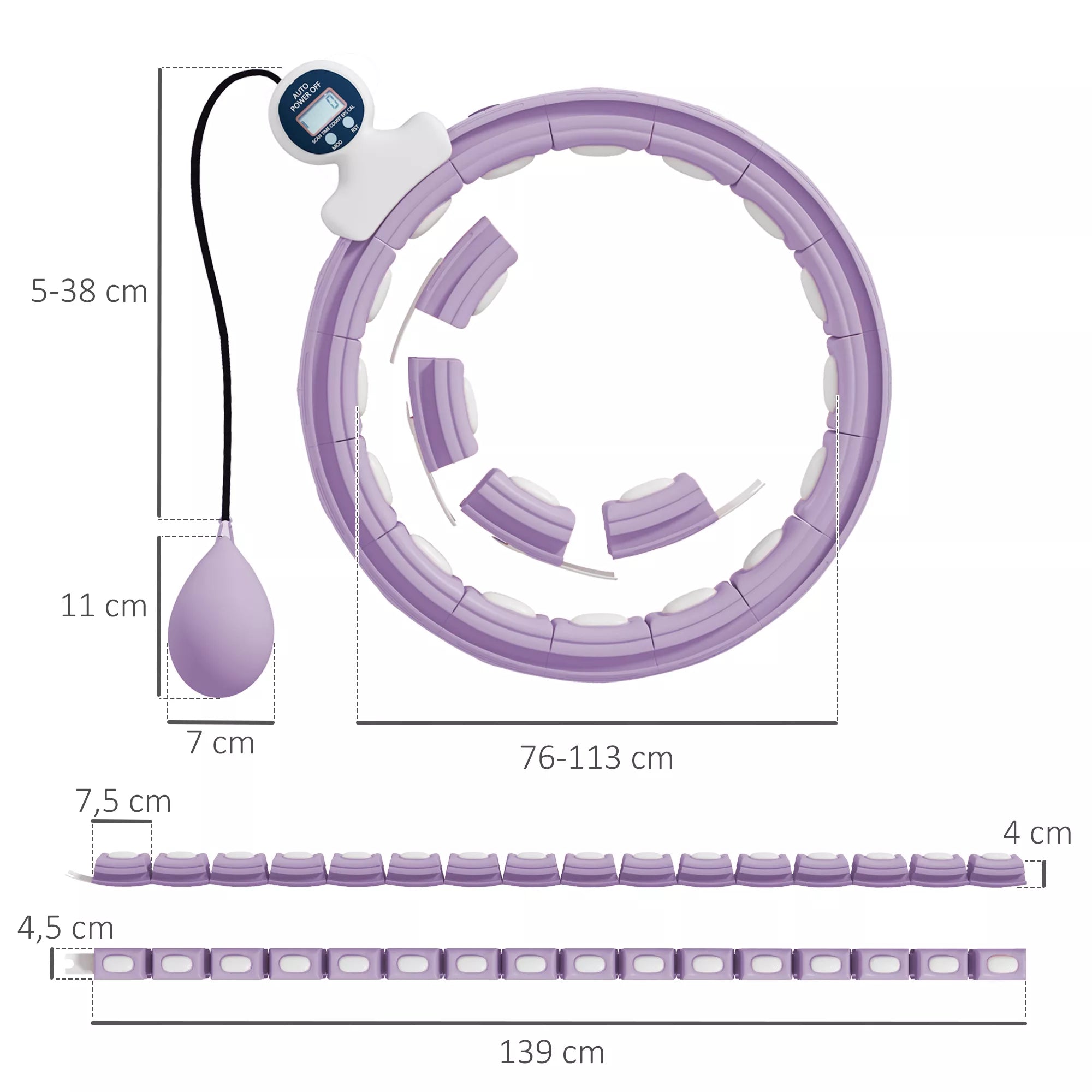 Išmanusis hula hoop lankas suaugusiems su svorio kamuoliukų skaitikliu, 16 mazgų (76–113 cm), violetinis