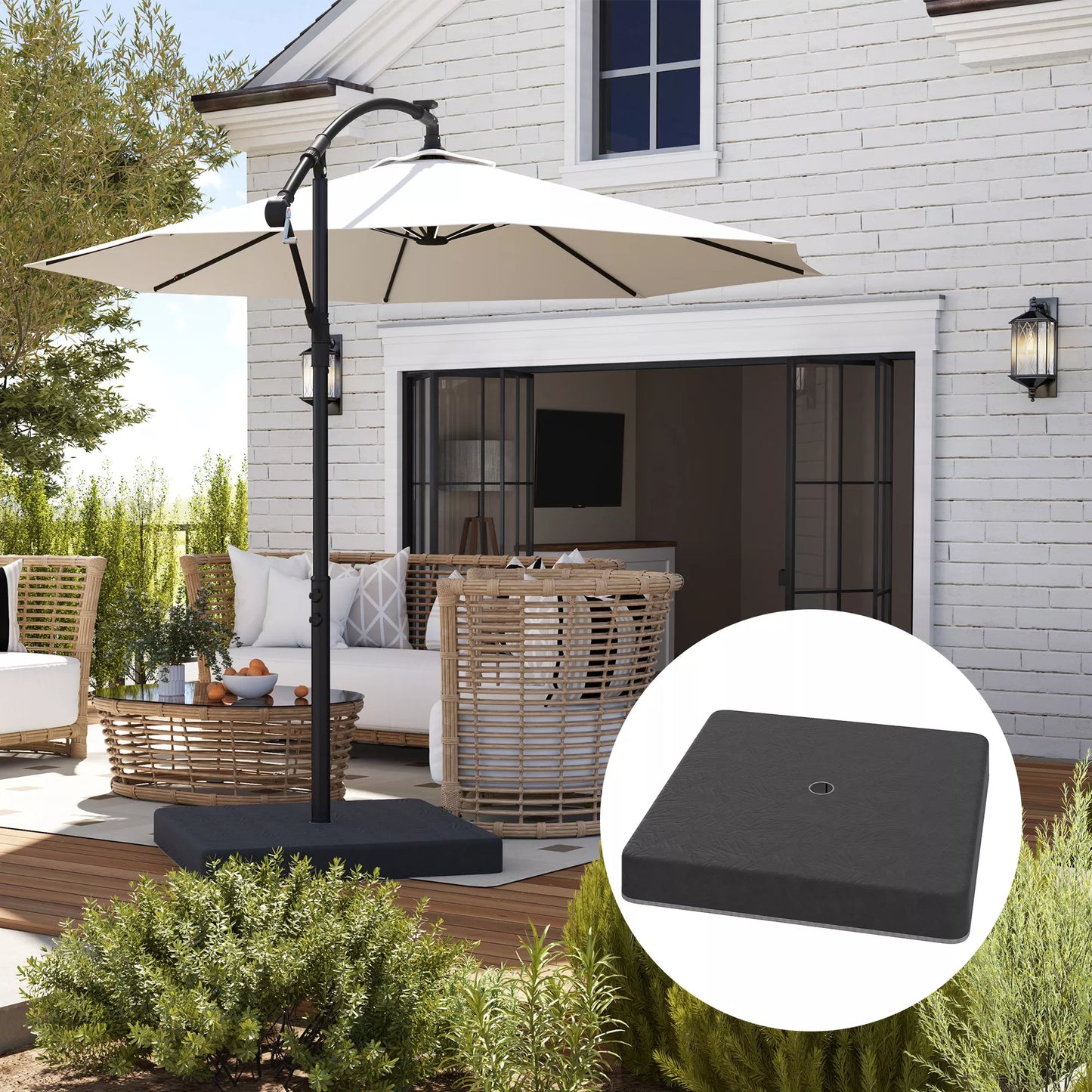 Pagrindo svoriai skėčių stovams, vandeniui atsparūs, užpildomi smėliu, plastikiniai, 89 cm x 89 cm x 10,5 cm, juodi