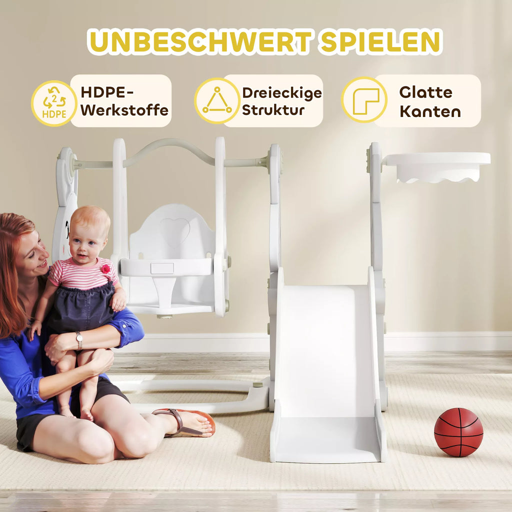 4-in-1 žaidimų rinkinys mažiems vaikams, čiuožykla, sūpynės, laipiojimo konstrukcija, krepšinio lankas, plastikas, triušio dizainas, pilkos spalvos