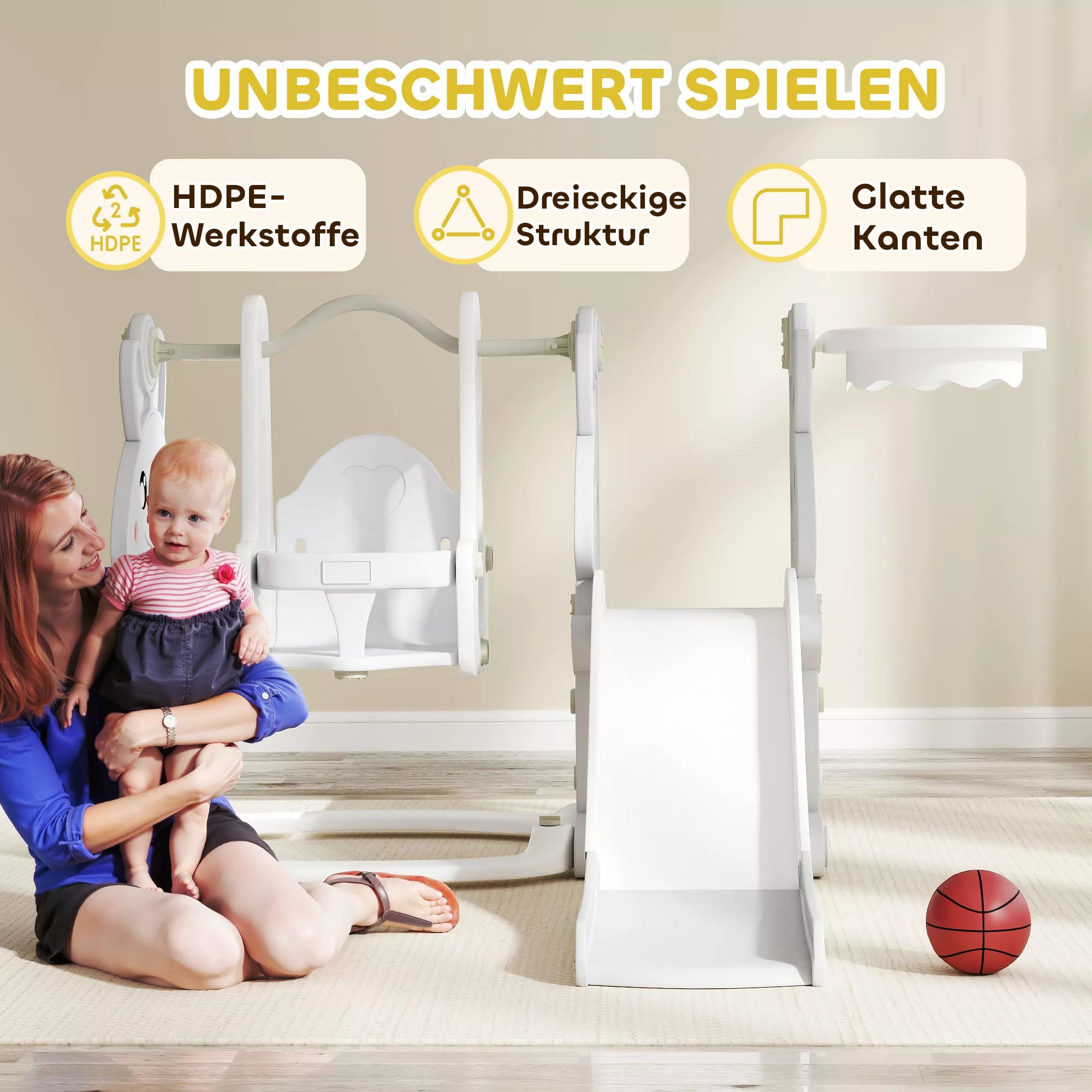 4-in-1 žaidimų rinkinys mažiems vaikams, čiuožykla, sūpynės, laipiojimo konstrukcija, krepšinio lankas, plastikas, triušio dizainas, pilkos spalvos