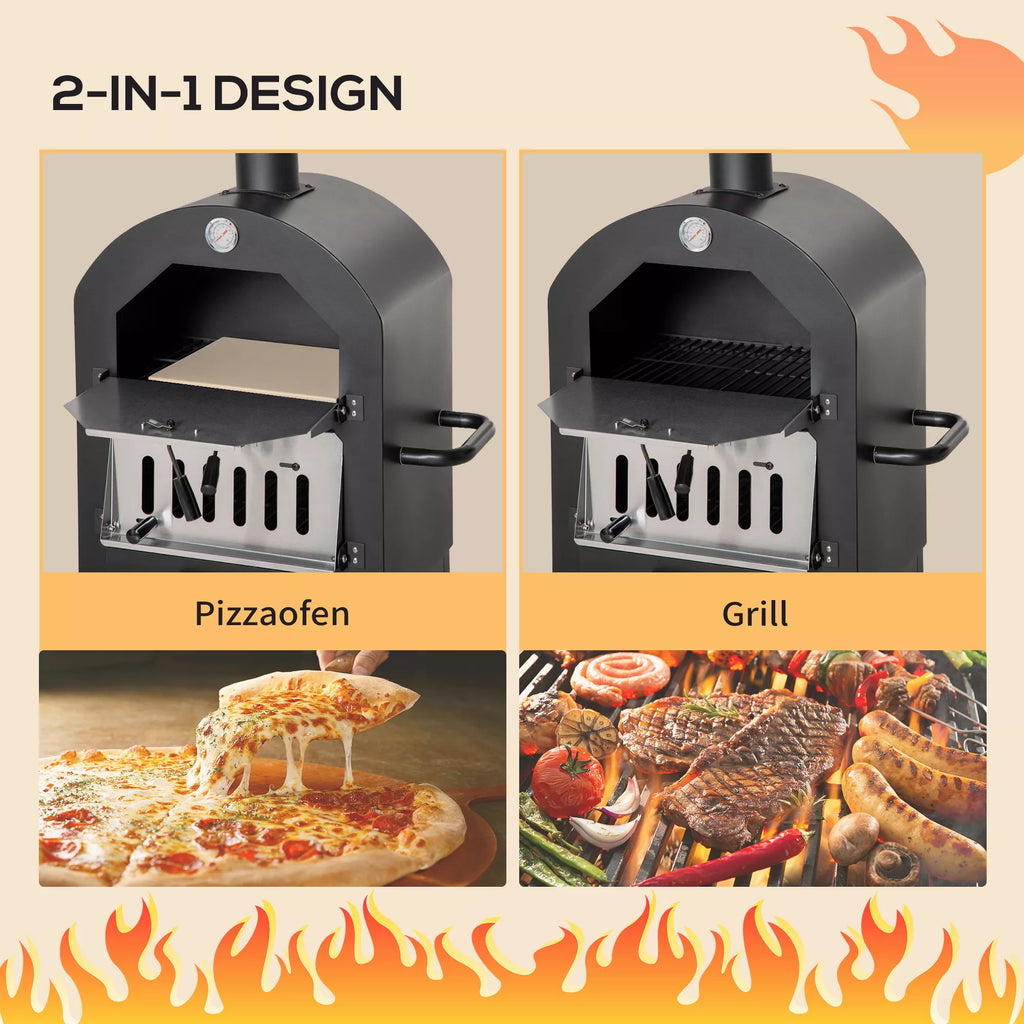 2-in-1 lauko picų krosnelė su ratukais Grilio krosnelė su apsauginiu dangčiu Picų mentė 2 grilio tinklai Grilio vežimėlis su kaminu 3 pakopų medinė krosnelė BBQ plieninė juoda + sidabrinė 63 x 54 x 161 cm