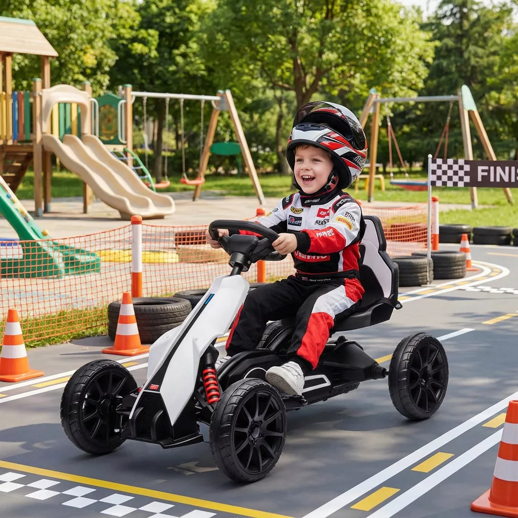 Go-Kart vaikams, elektrinis kartas, iki 5 km/h, saugos diržas, sėdynė su atlošu, plastikas, metalas, balta spalva