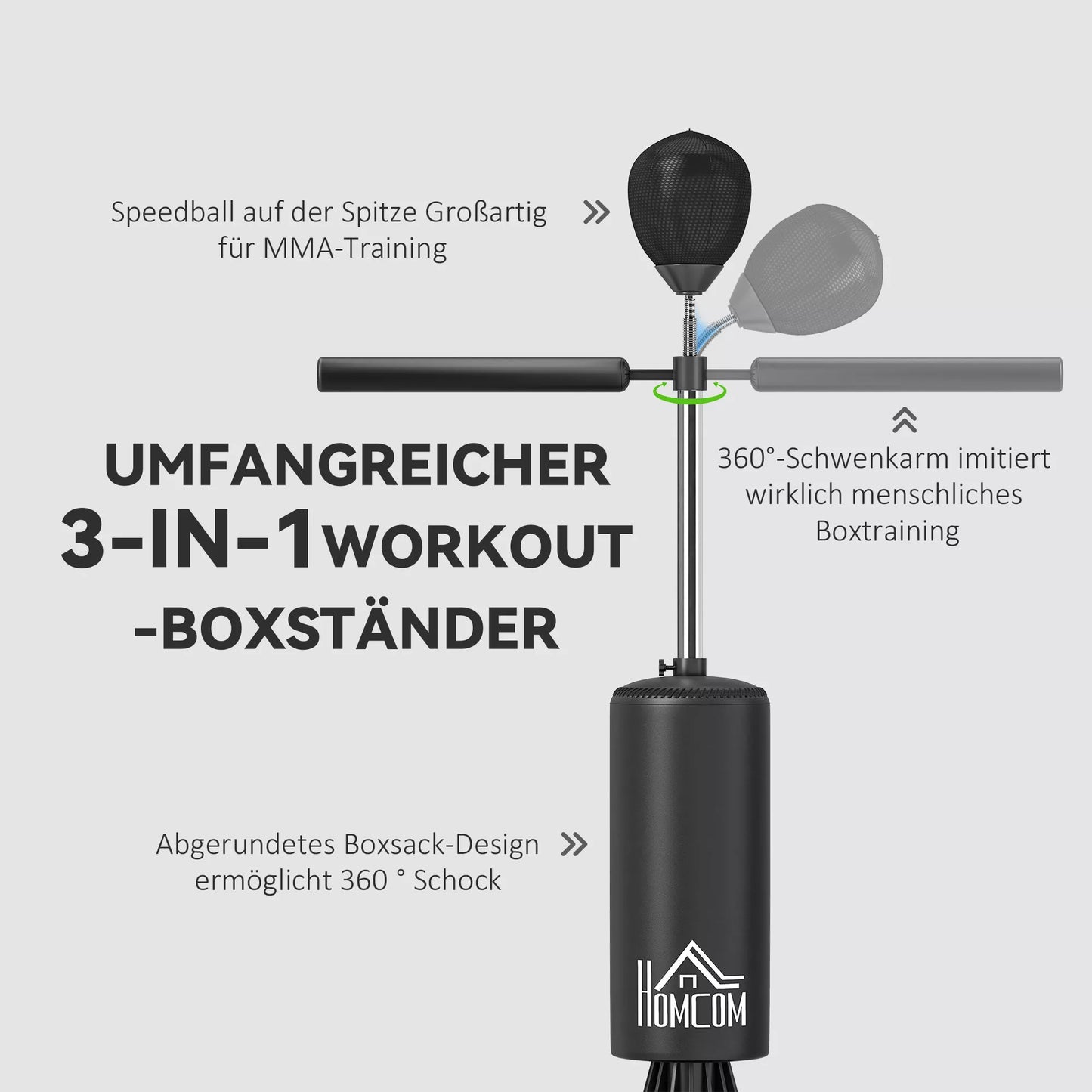 Stovintis bokso maišas su speedball, refleksine lazda, reguliuojamo aukščio, suaugusiems, 155-205cm, Juodas