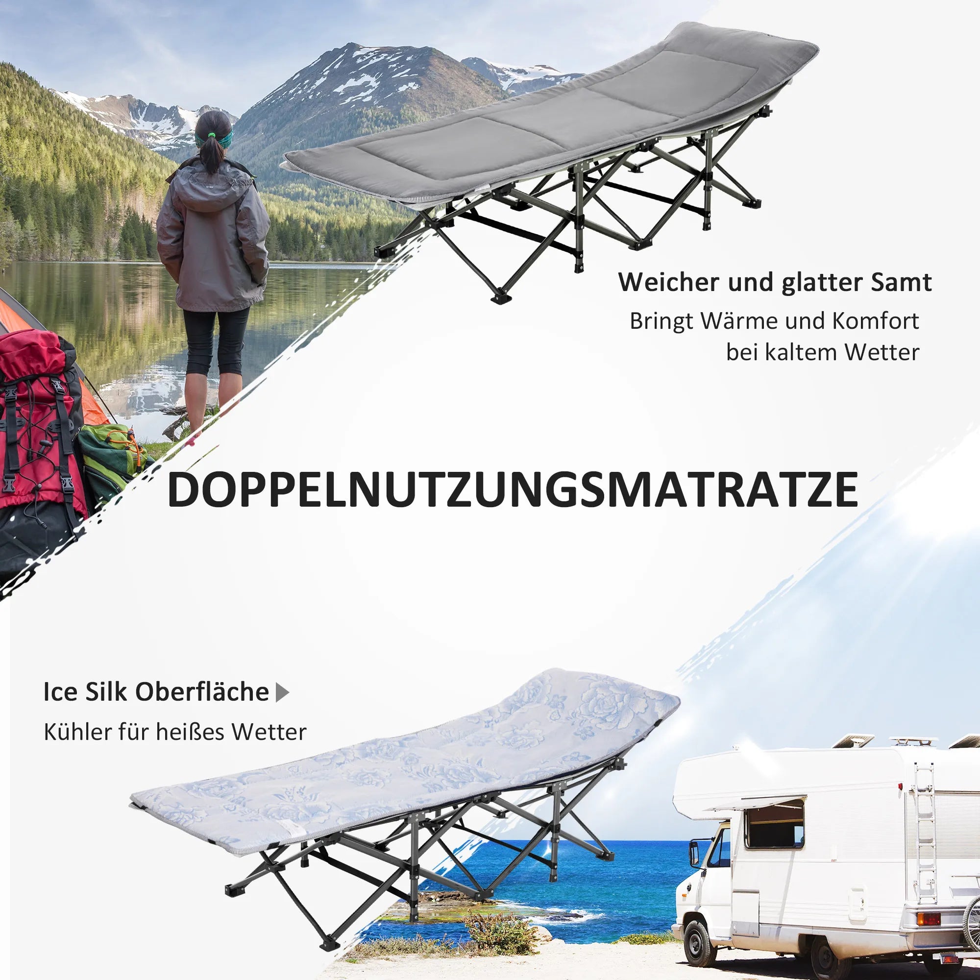Sulankstomas lauko lovos Kempingo lova su čiužiniu Nešimo krepšys 188 x 64,5 x 53 cm Svečių lova, atlaikanti iki 150 kg svorio Kempingo gultas suaugusiems Sulankstoma lova lauke, sode Kempingo kelionėms Šviesiai pilka