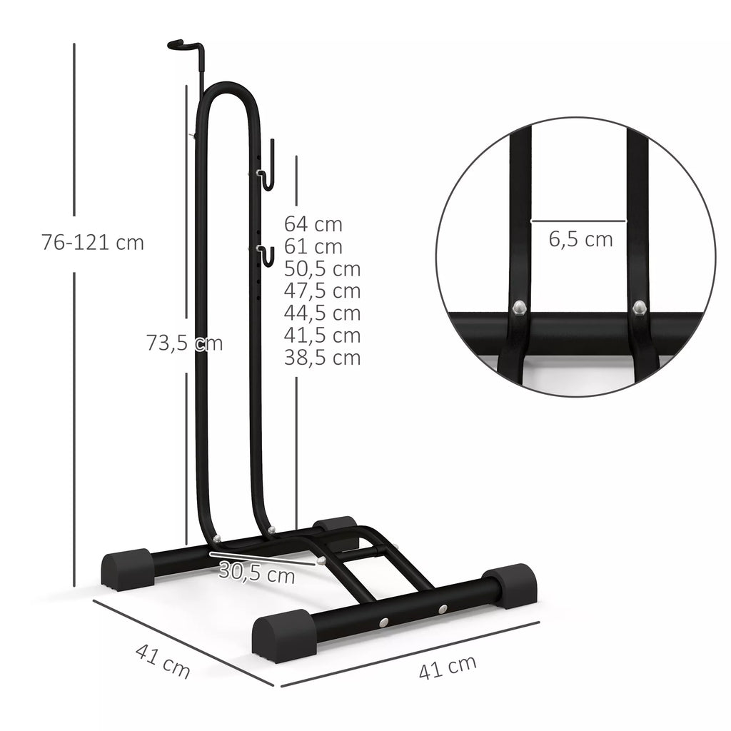 Dviračių stovas, vertikalus/horizontalus, skirtas 24–29 colių, 700c, 41 x 41 x 76–121 cm, plienas, juodas