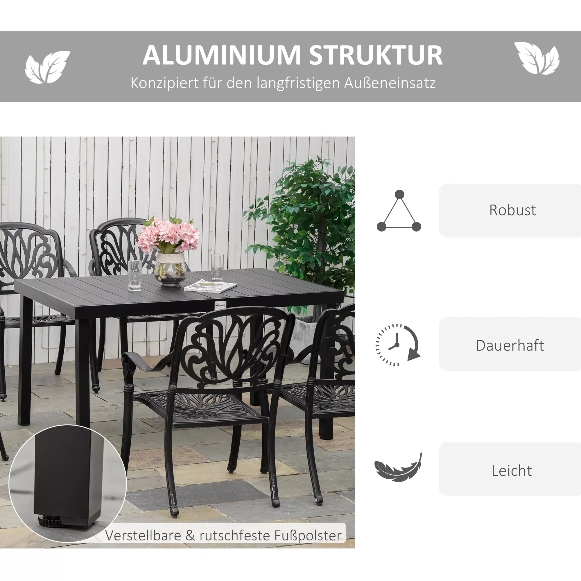 Sodo stalas 6 asmenims Valgomojo stalas Aliuminio stalas Sodo baldai Poilsio baldai Lengvai prižiūrimi Plastikiniai Juodi 140 x 90 x 74 cm