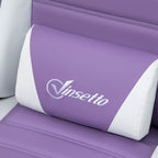 Violetinės žaidimų kėdės atlošo siūliai ir logotipas, detalė iš arti