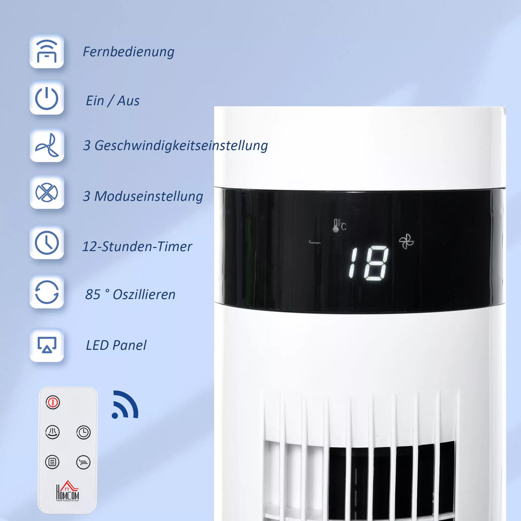 Bokštinis ventiliatorius, stovinis ventiliatorius su 3 ventiliacijos greičiais, nuotolinio valdymo pultas, 50 W ventiliatorius su 12 val. laikmačiu, LCD ekranas, 85° svyravimas, miegamajam, baltas