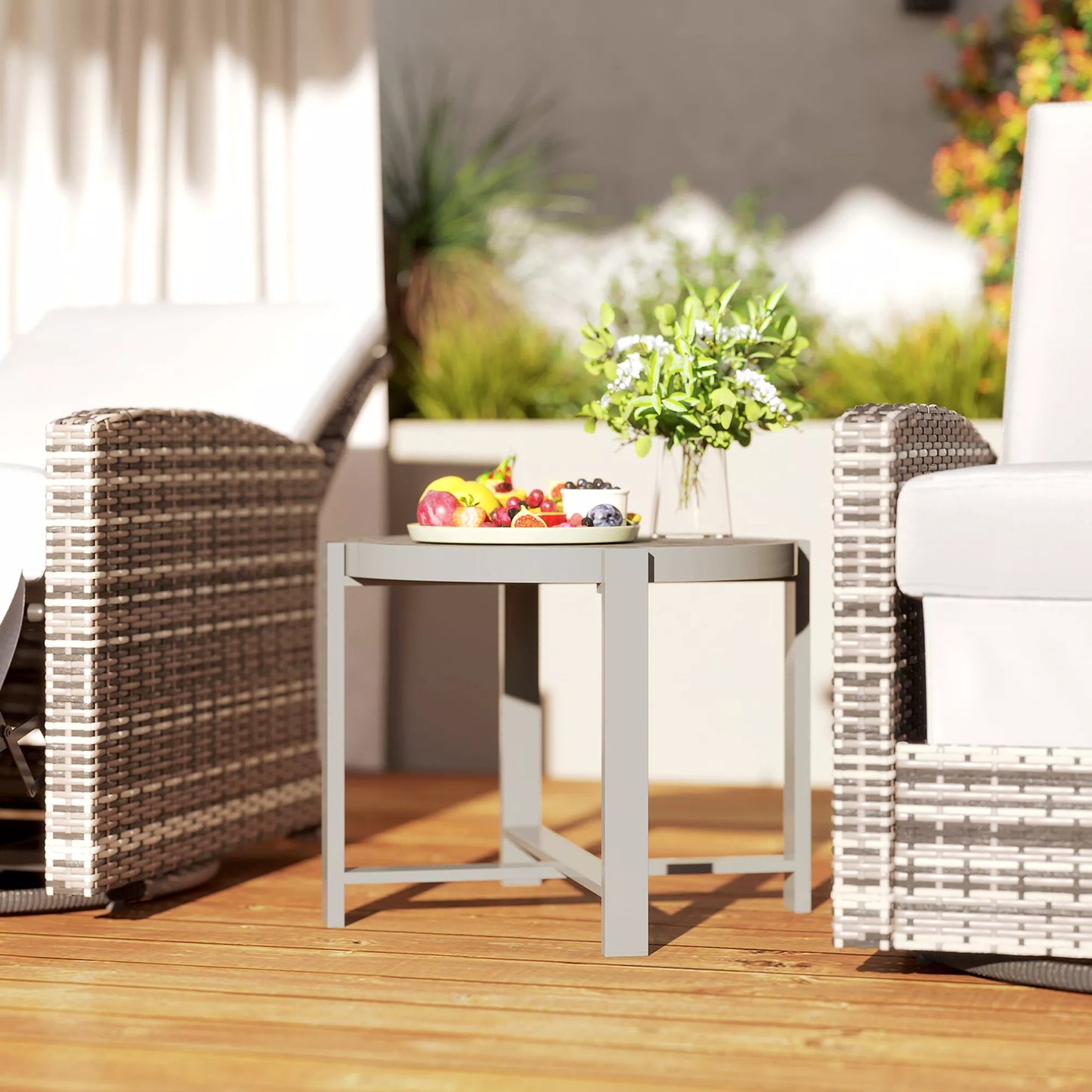 Apvalus lauko staliukas, atsparus oro sąlygoms, aliumininis balkono staliukas su pilka marmuro išvaizda