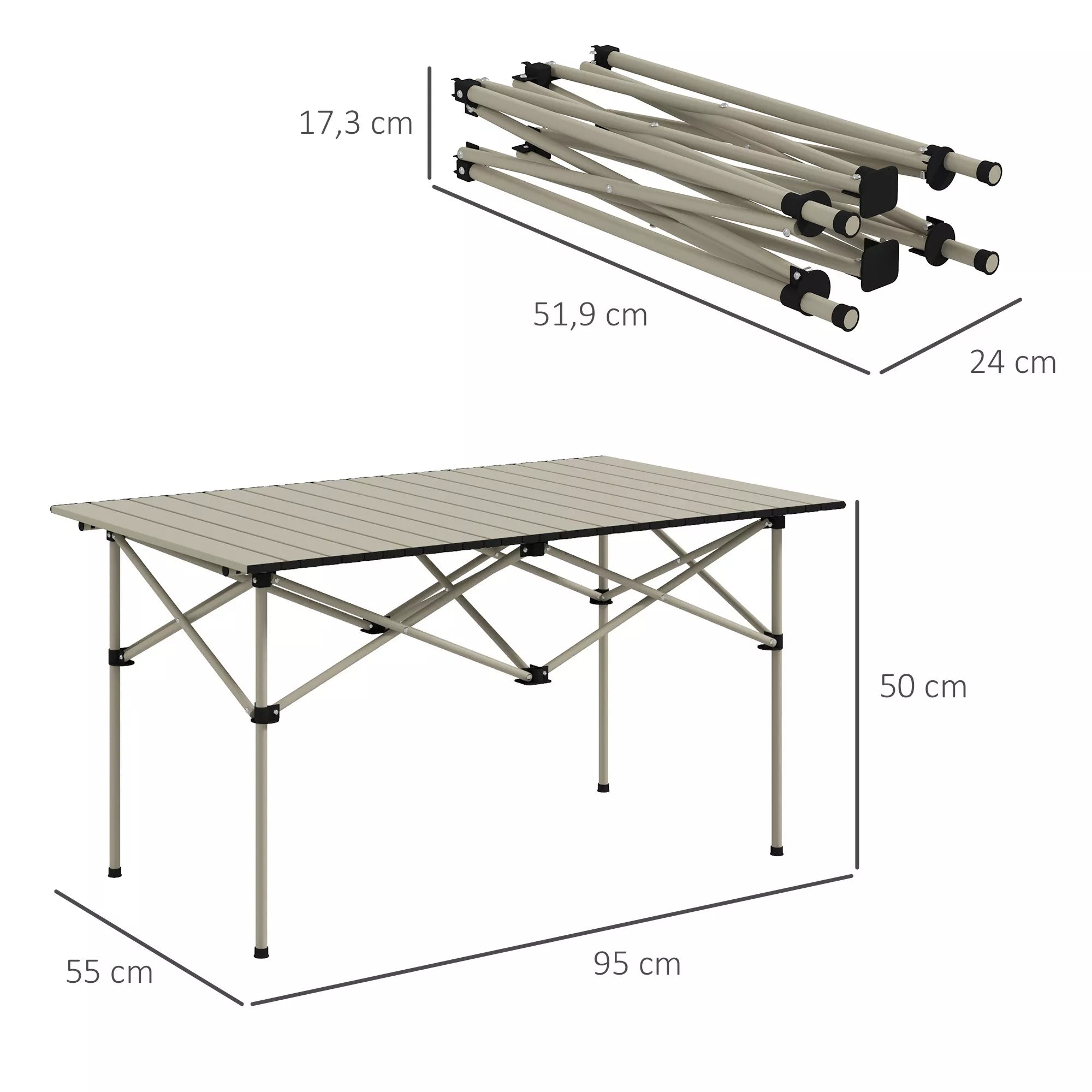 Kempingo stalas Sulankstomas stalas su suskleidžiamu stalviršiu Sodinis stalas iš aliuminio 2 asmenims 95 x 55 cm Chaki