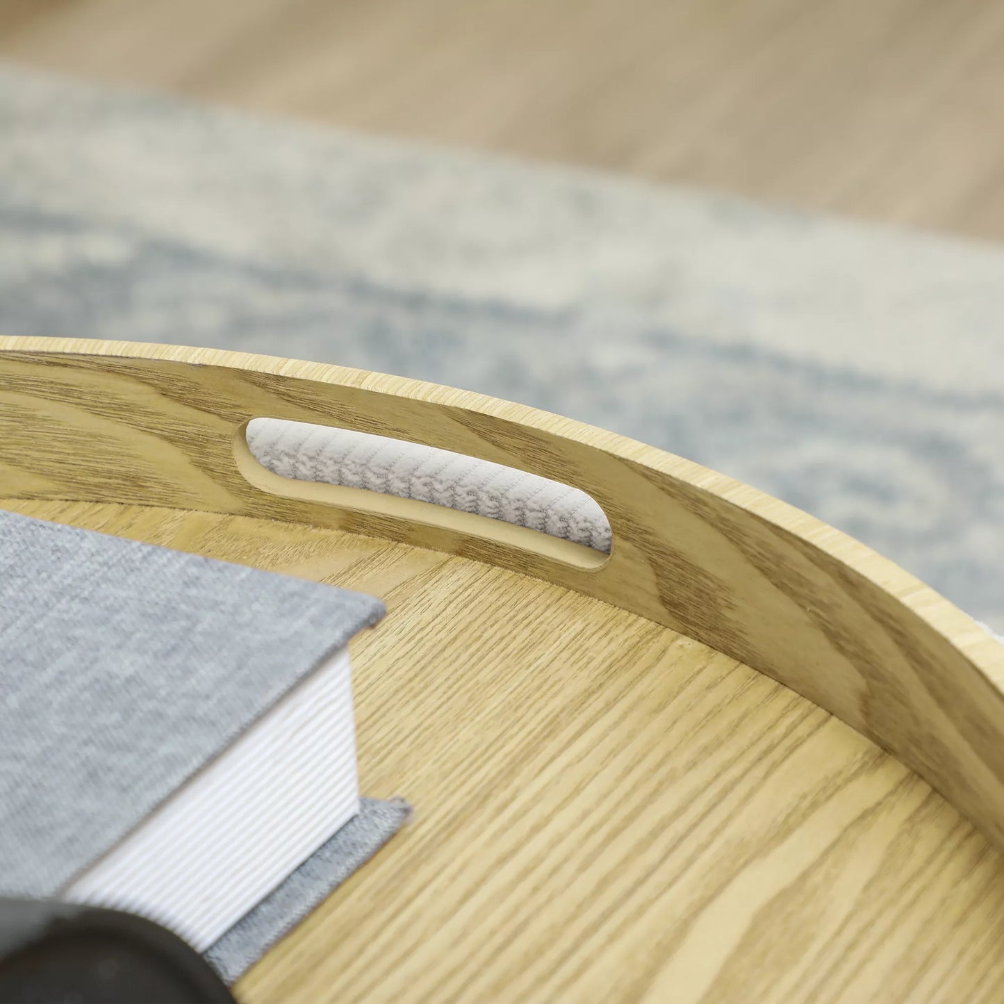 Laikymo pufas su vieta daiktams, apvalus, kojų atrama, kordas, MDF, kreminės baltos spalvos