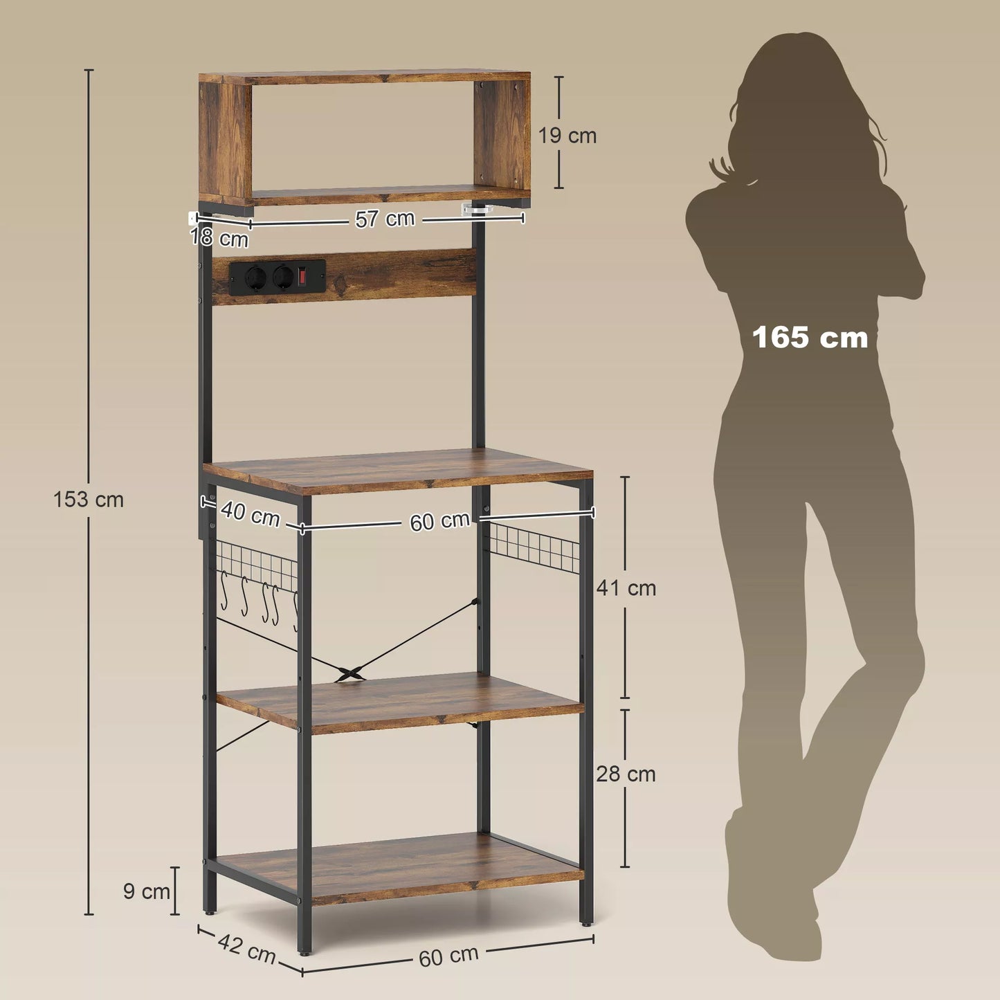 Virtuvės lentynos, stovas su 5 S formos kabliais, 5 lentynomis, rozete, pagamintas iš plieno, rusvos spalvos, 60 x 42 x 153 cm