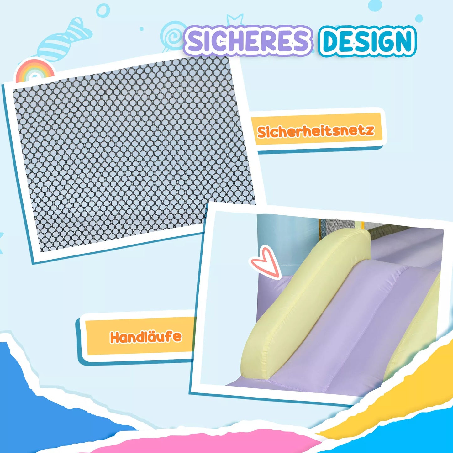 Pripučiamas pilis su čiuožyklomis, saugos tinklu, Oksfordo audiniu, įžeminimo kuoliukais, nešiojimo krepšiu