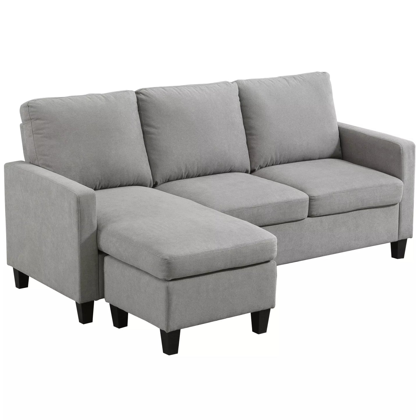 Kampinė sofa, 3 vietų sofa su patalynės dėže ir pagalvėlėmis, L formos kampas, audinio apmušalas, pilka