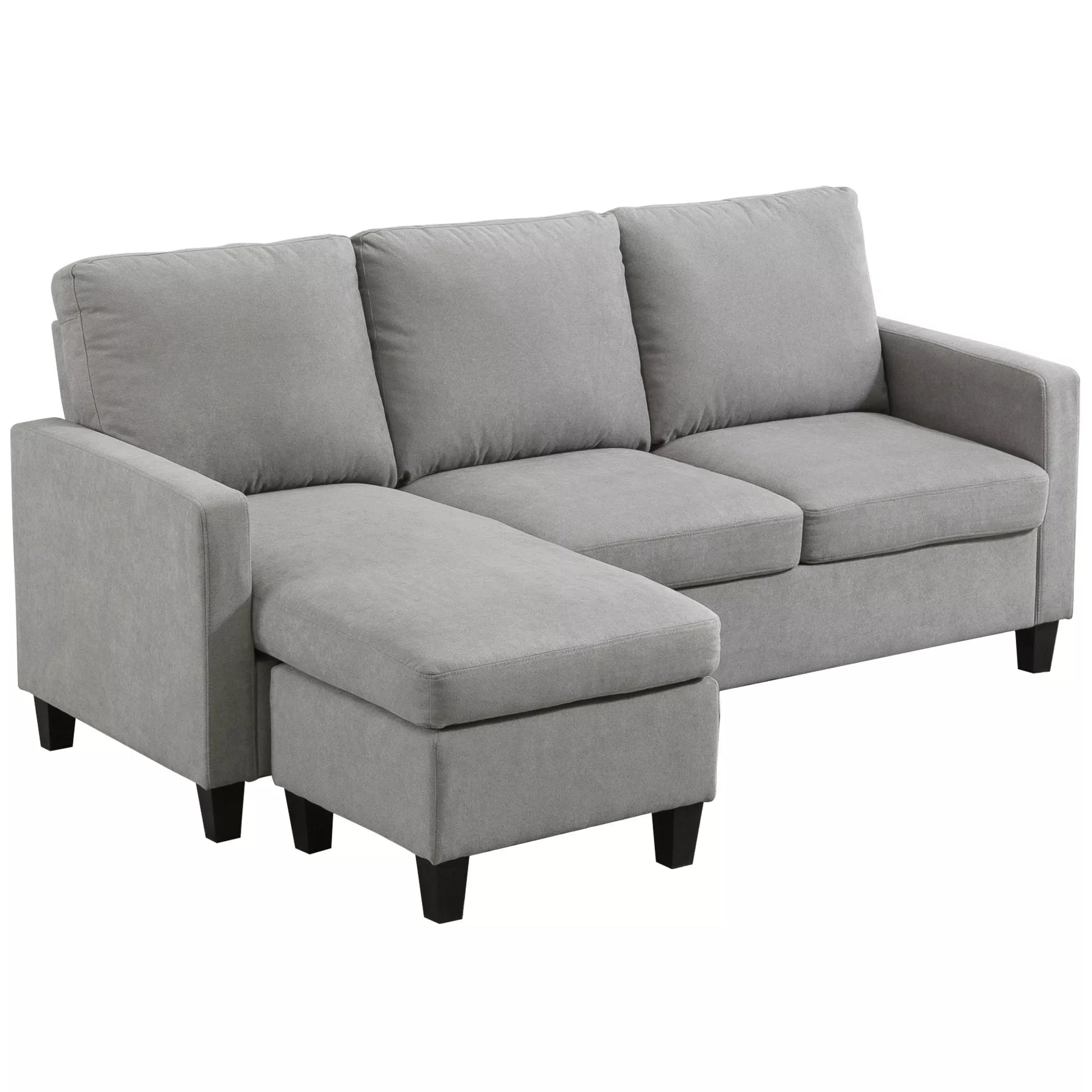 Kampinė sofa, 3 vietų sofa su patalynės dėže ir pagalvėlėmis, L formos kampas, audinio apmušalas, pilka