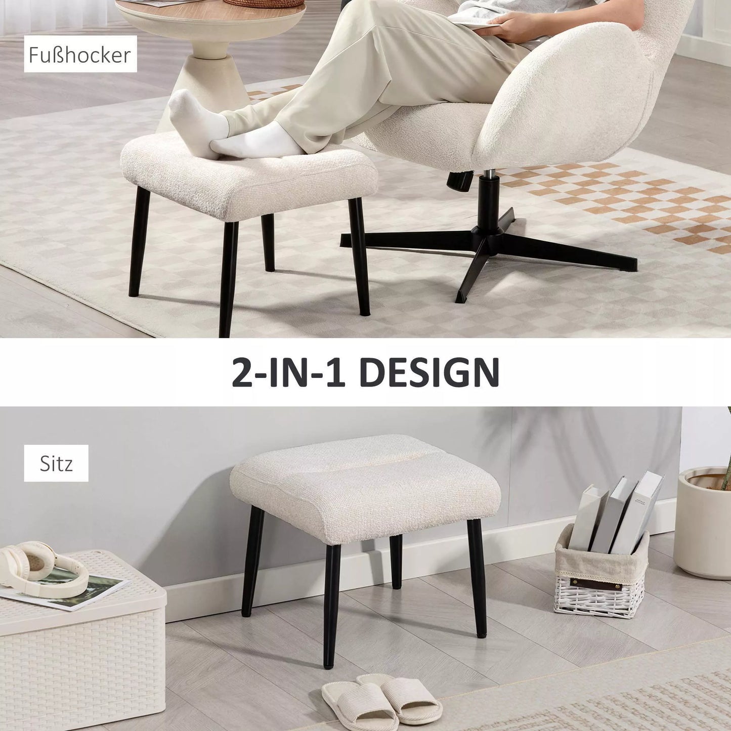 Sėdimoji kėdė Kėdė su minkštu sėdimojo pagalvėle Plieninės kojos Pėdų atrama su šenilo audiniu, 45 x 41 x 38 cm, kreminė balta