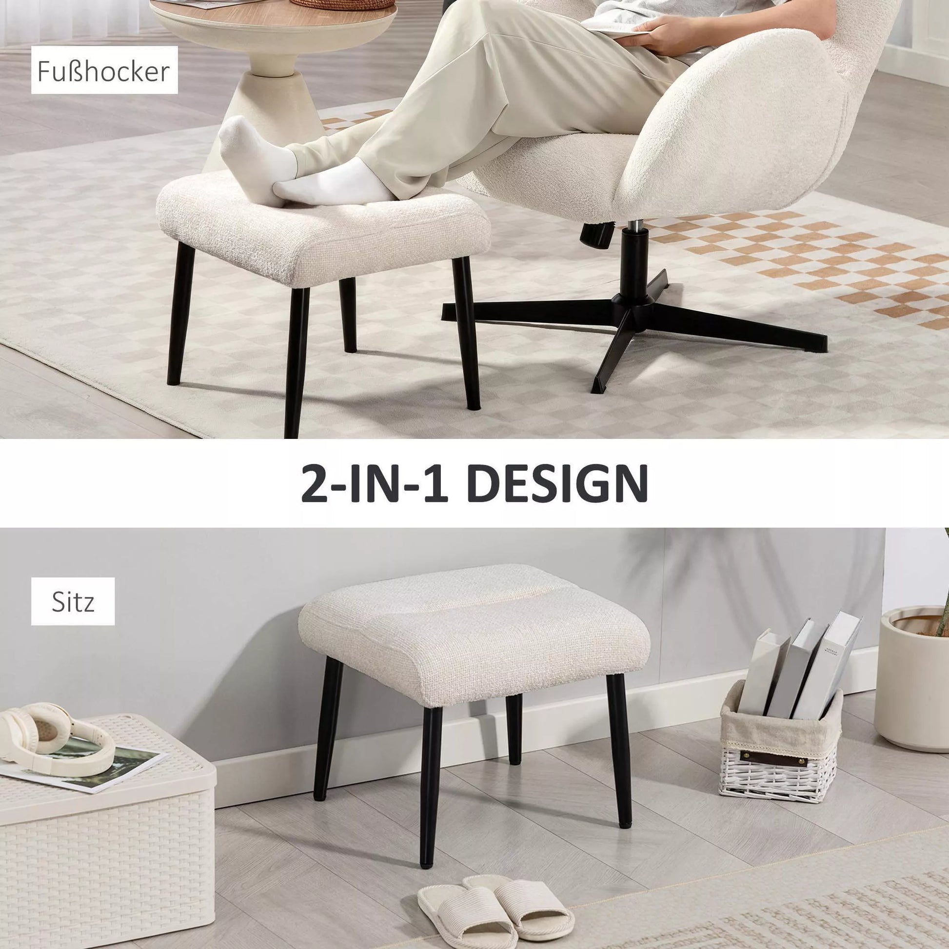 Sėdimoji kėdė Kėdė su minkštu sėdimojo pagalvėle Plieninės kojos Pėdų atrama su šenilo audiniu, 45 x 41 x 38 cm, kreminė balta