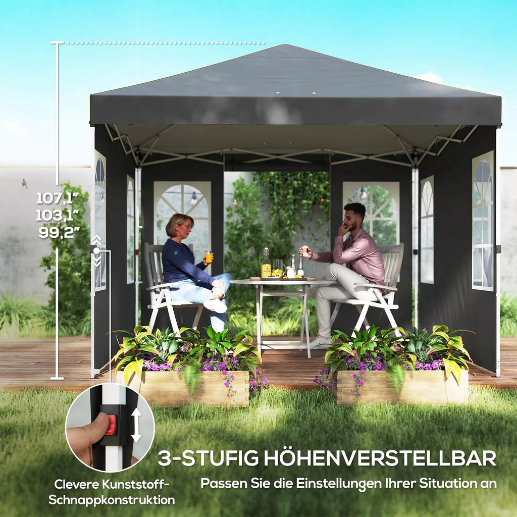 Paviljonas 3x3 m, atsparus vandeniui, stabilus, atsparus žiemai, išskleidžiamas, surenkamas vienu mygtuko paspaudimu, UV 50+, tamsiai pilkos spalvos