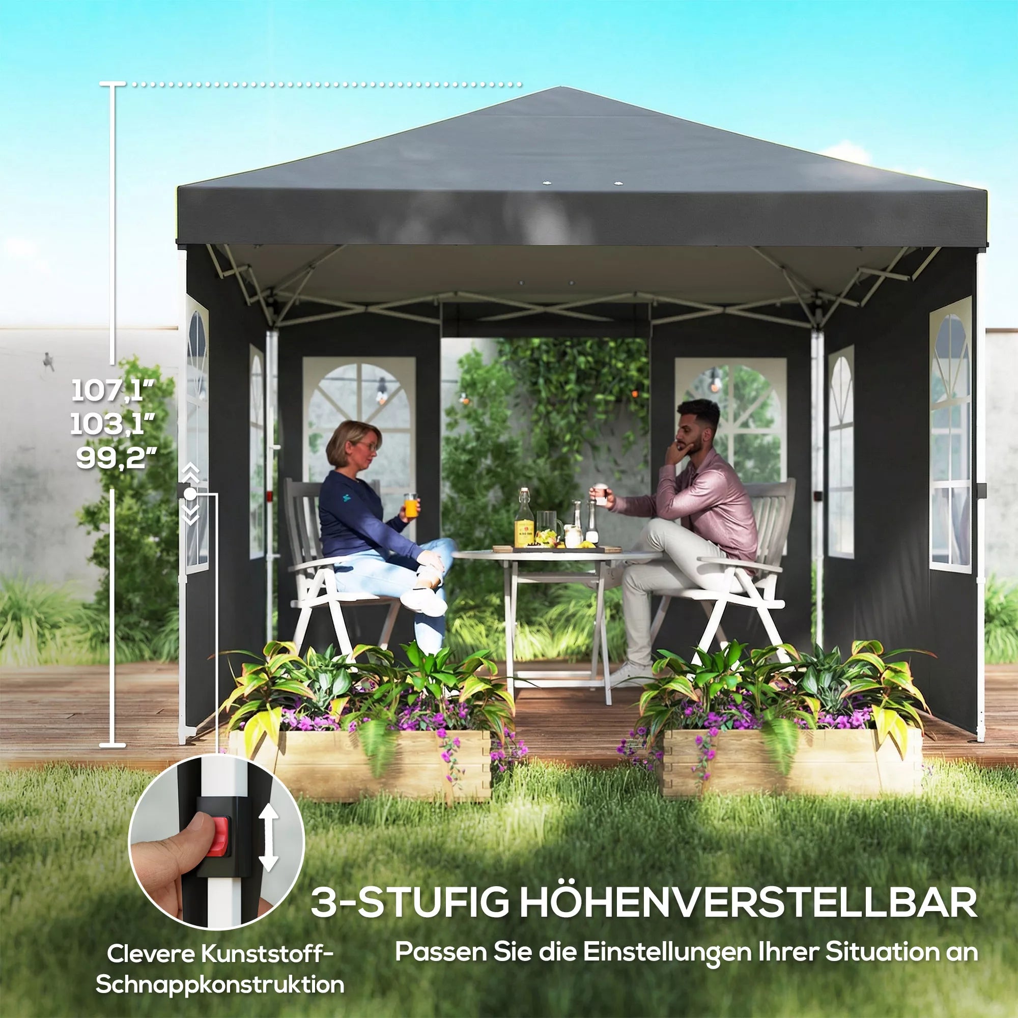 Paviljonas 3x3 m, atsparus vandeniui, stabilus, atsparus žiemai, išskleidžiamas, surenkamas vienu mygtuko paspaudimu, UV 50+, tamsiai pilkos spalvos