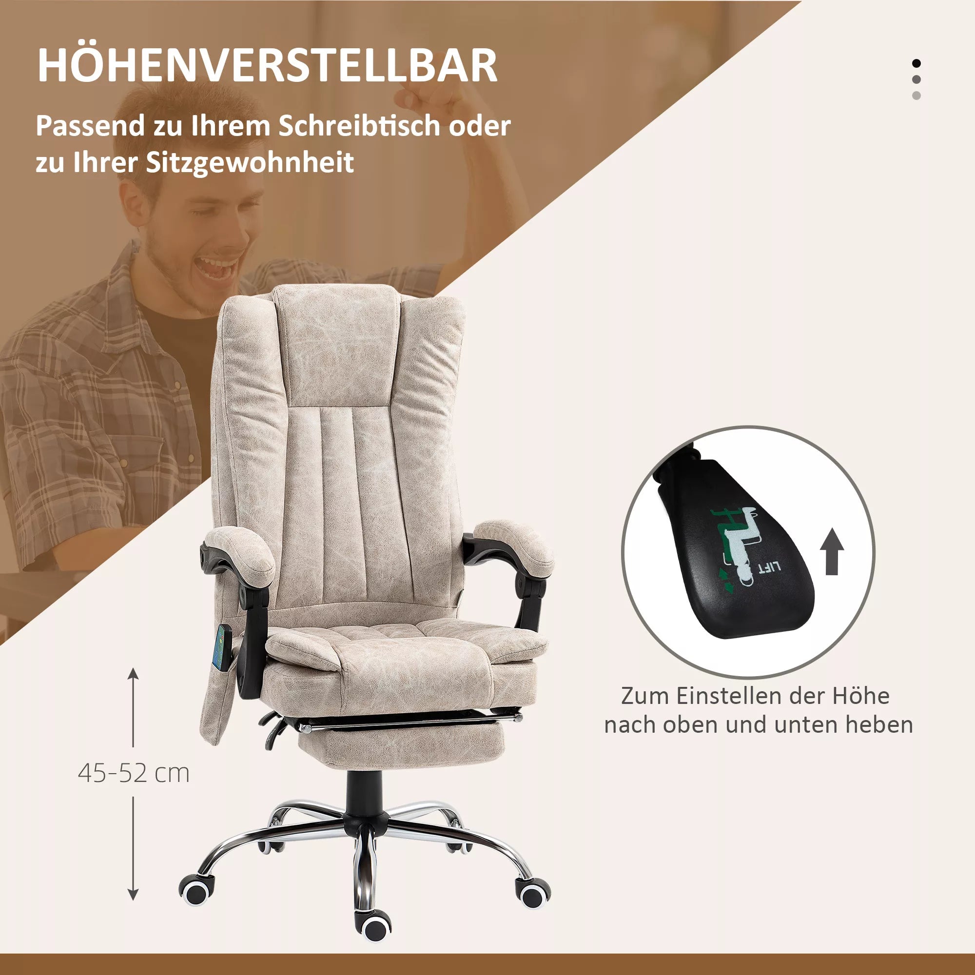 Biuro kėdė su masažo funkcija, Ergonomiška darbo stalo kėdė su gulimosios padėties funkcija, šildymo funkcija, šonine kišene, kreminės baltos spalvos