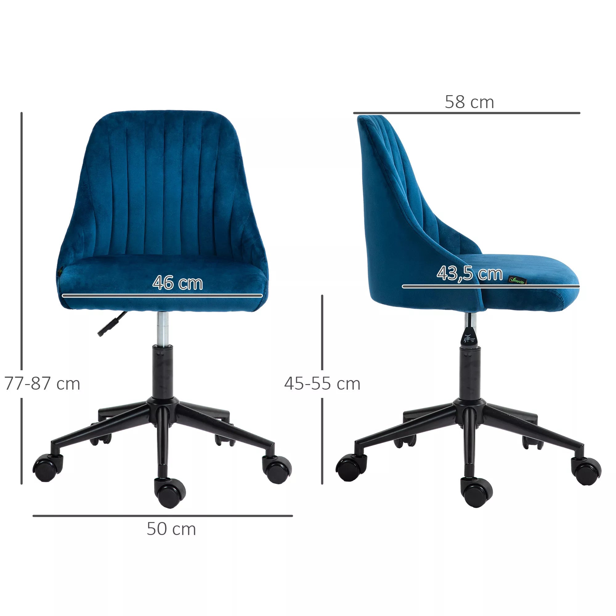 Biuro kėdė Sukiojama kėdė Rašomojo stalo kėdė Ergonomiškas linijinis dizainas Reguliuojamas aukštis 360° sukiojama Putų medžiaga Velveto tipo poliesteris Mėlyna 50 x 58 x 77-87 cm