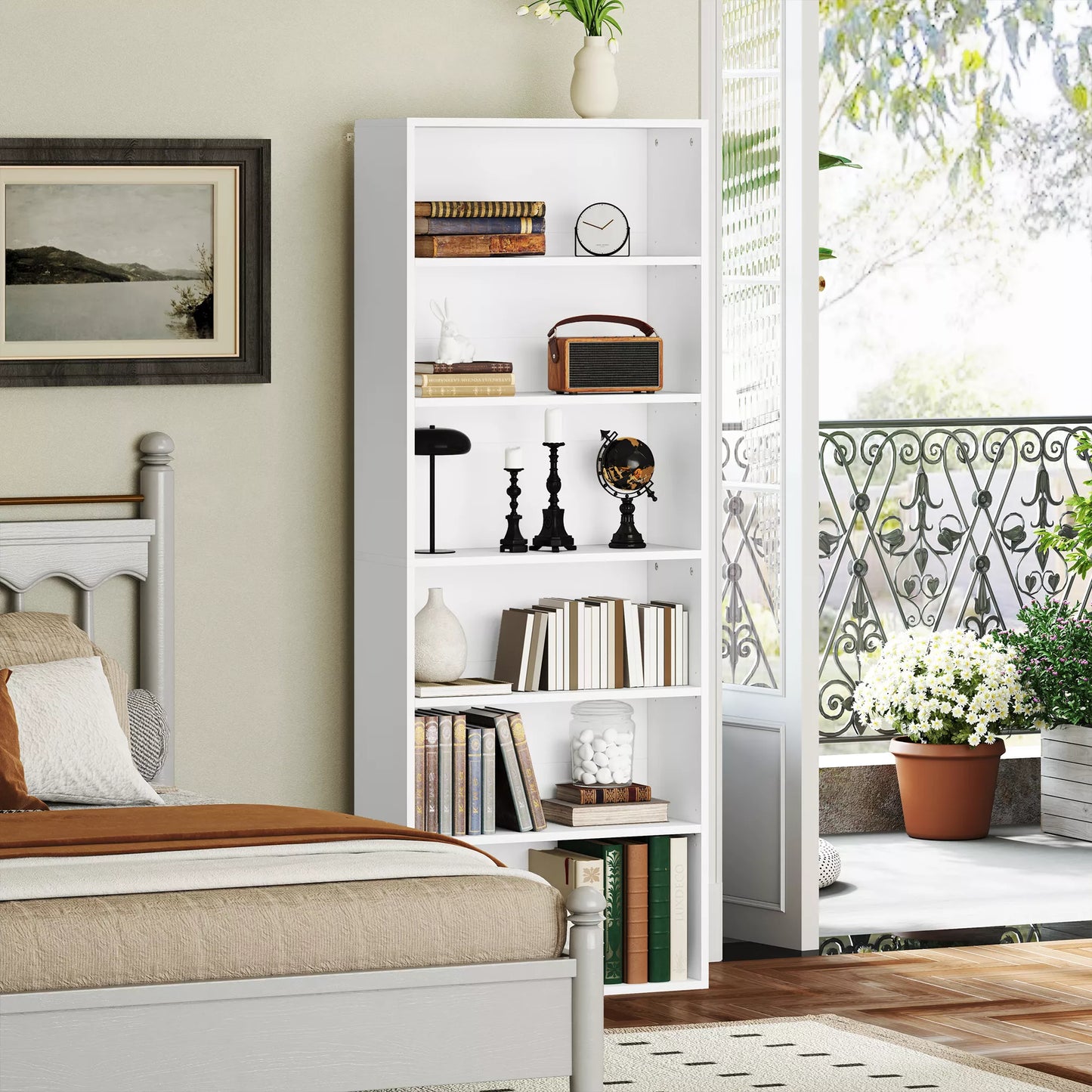 Lentyna knygoms, 6 skyriai, reguliuojamos lentynos, medžio drožlių plokštė, 60 x 24 x 158,5 cm, Balta