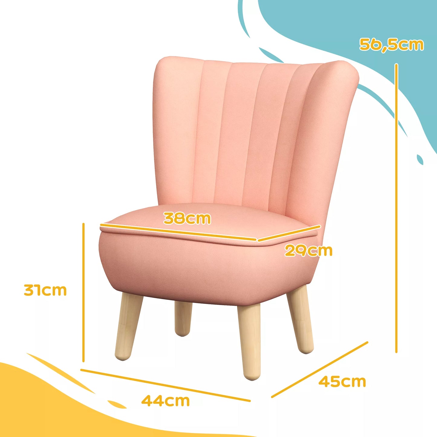 Vaikiškas fotelis, aksominė išvaizda, 3-7 metų vaikams, iki 45 kg, medinis rėmas, 44x45x56,5cm, rožinis