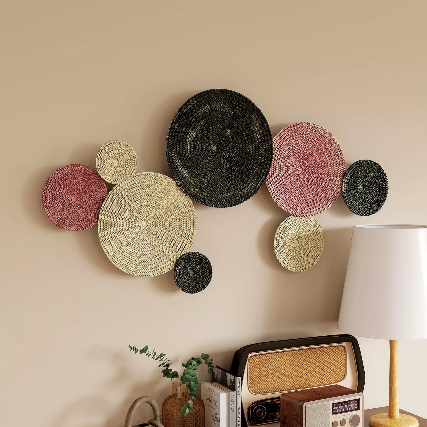 Sienų dekoracijų rinkinys su disko dizainu, 8 metaliniai diskai, universalus, daugiaspalvis