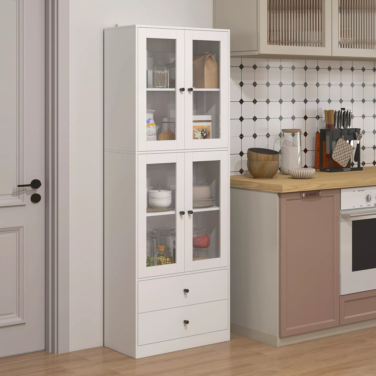 Virtuvės spinta su stalčiais ir stiklinėmis durimis, balta, melamino paviršius