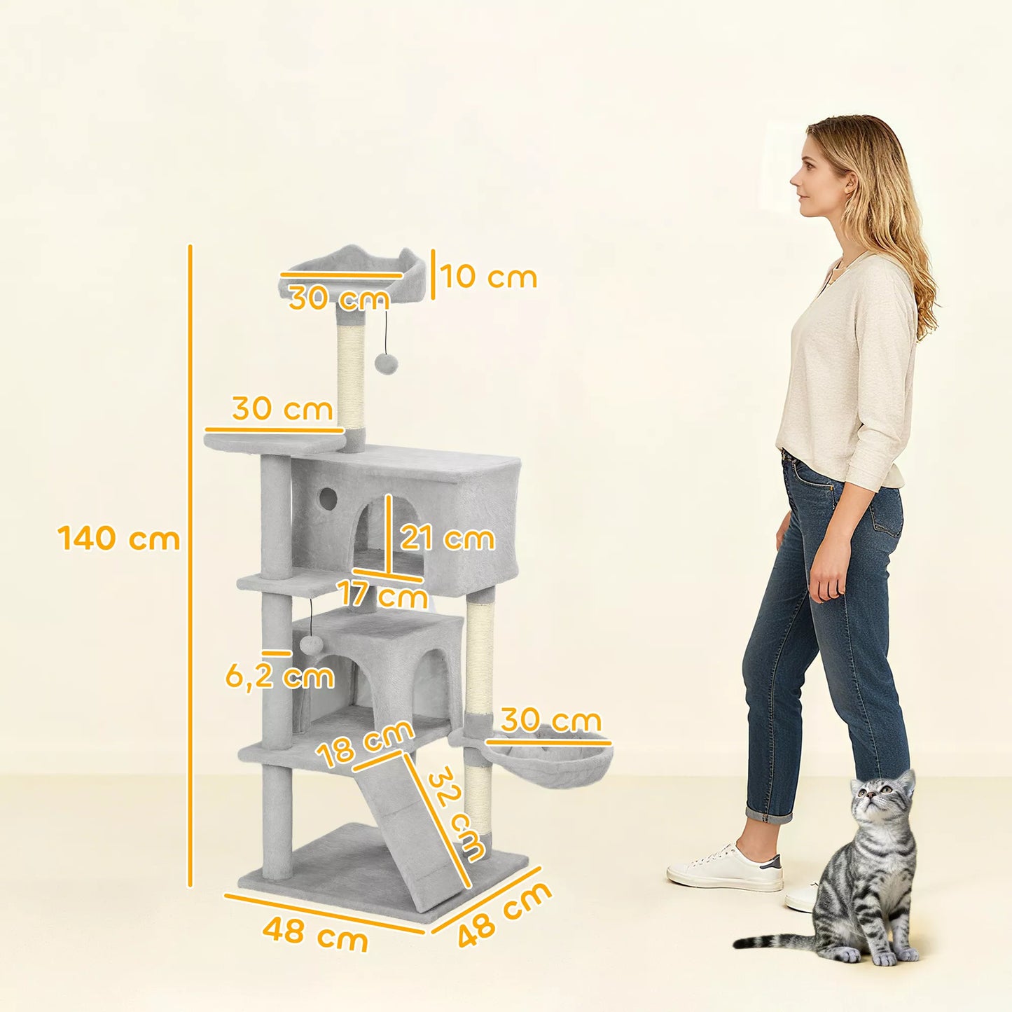 140 cm katės draskyklė, kelios pakopos, sizaliniai draskymo stulpeliai, guoliai, pliušinės platformos, hamakas, kopėtėlės, žaisliniai kamuoliukai