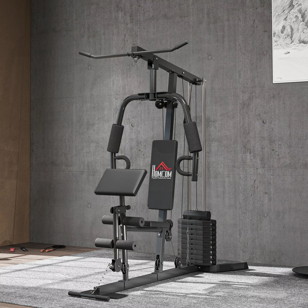 Jėgos treniruoklis su 45 kg svorio bloku, 180 x 108 x 200 cm, plieninis, juodos spalvos