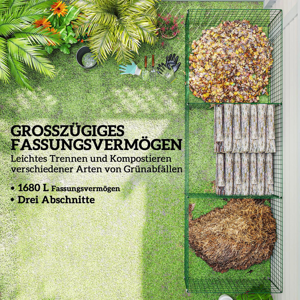 Kompostavimo konteineris, 1680 litrų, 270 x 90 x 70 cm, 3 dalių, greito kompostavimo, pagamintas iš plieno, atsparus atmosferos poveikiui, žalios spalvos